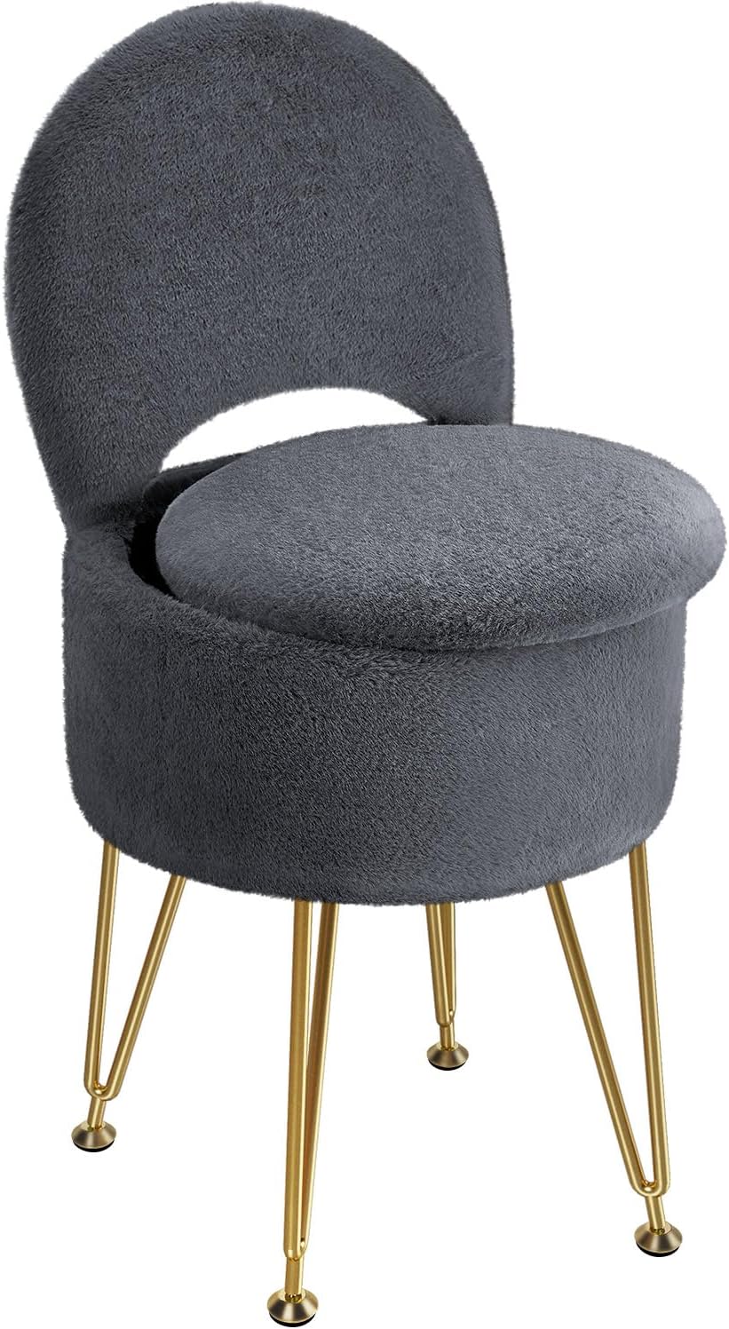 GREENSTELL Vanity Stool Chair with Storage and Folding Back, 15.7" x 15.7" x 19.5" Faux Fur Soft Ottoman for Adults, 4 Metal Legs with Anti-Slip Feet, Furry Padded Seat for Makeup, Bedroom, Pink