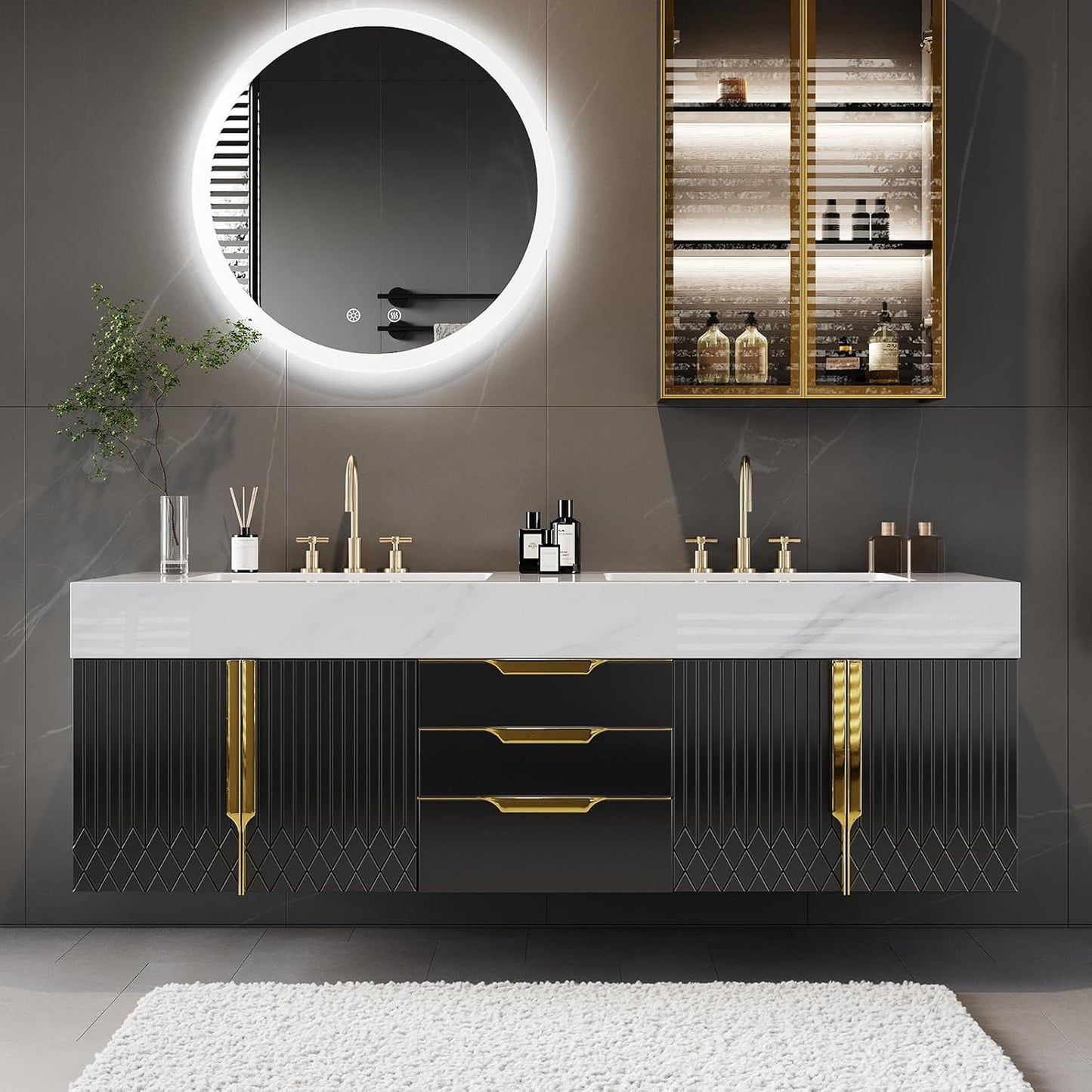 59" White Double Sink Freestanding Bathroom Vanity Modern Bathroom Vanity with Sink & Drawers & Doors Faux Marble Top