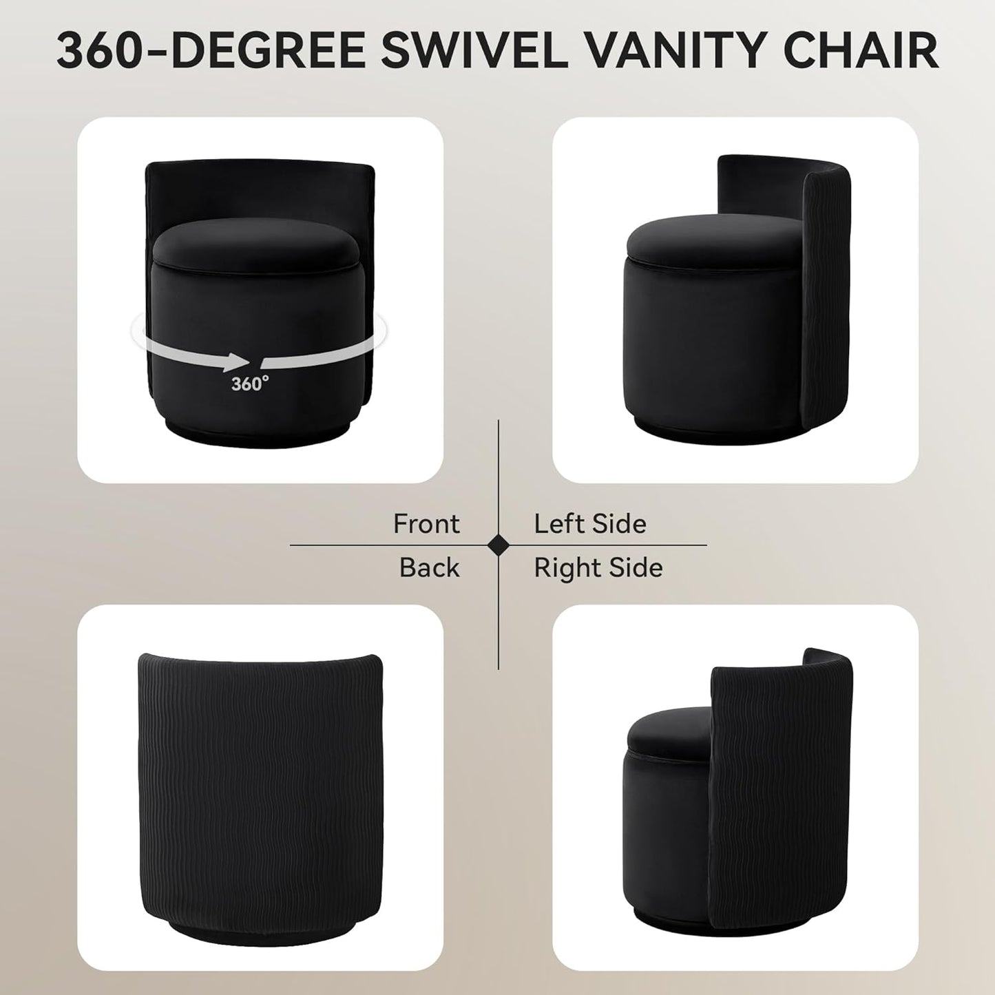Velvet Vanity Chair with Storage, 360° Swivel Makeup Chair with Wave Back, No Assembly Small Accent Stool for Bedroom, Dressing, Living Room, Black
