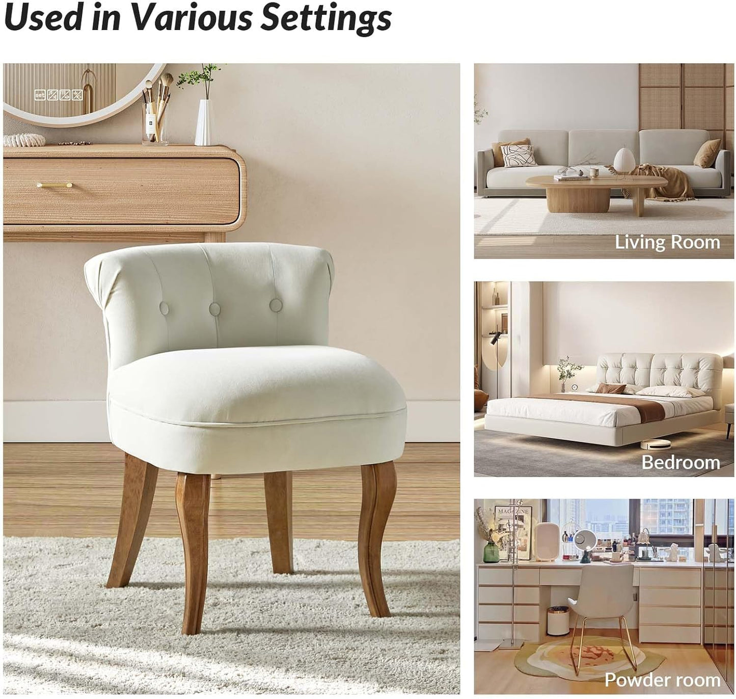 HULALA HOME Velvet Vanity Stool with Low Back, Modern Vanity Chair with Solid Wood Legs, Small Upholstered Makeup Chair Home Decor for Bedroom Living Room Dressing Table, Women Girls, Ivory