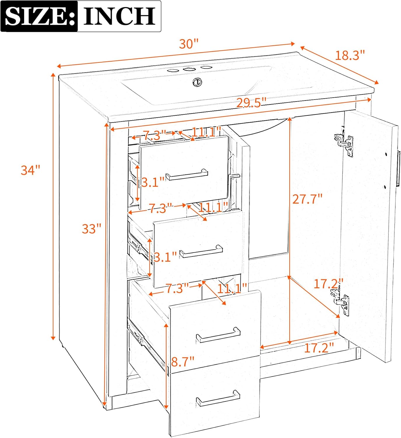 30 Inch Bathroom Vanity with Ceramic Sink, Modern Storage Cabinet with 3 Drawers and 2 Doors, Freestanding Bathroom Vanities, Soft Closing, Solid Wood Frame
