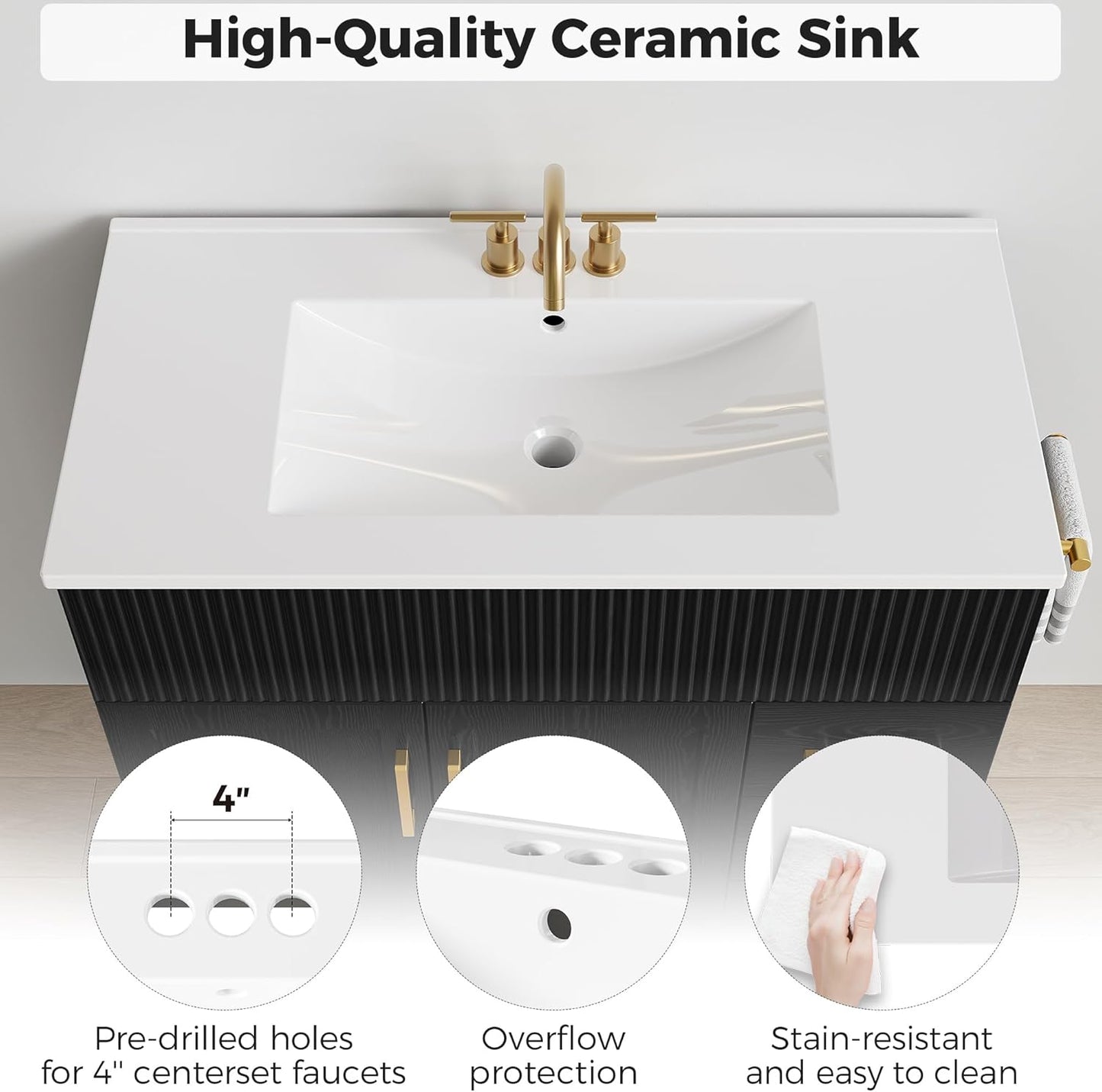 IRONCK 36" Bathroom Vanity with Sink, Freestanding Bathroom Vanity with Undermount Ceramic Sink, 2 Drawers & 2 Soft-Close Doors with Bottle Racks, Modern Wave-Pattern Fluted Design, Black