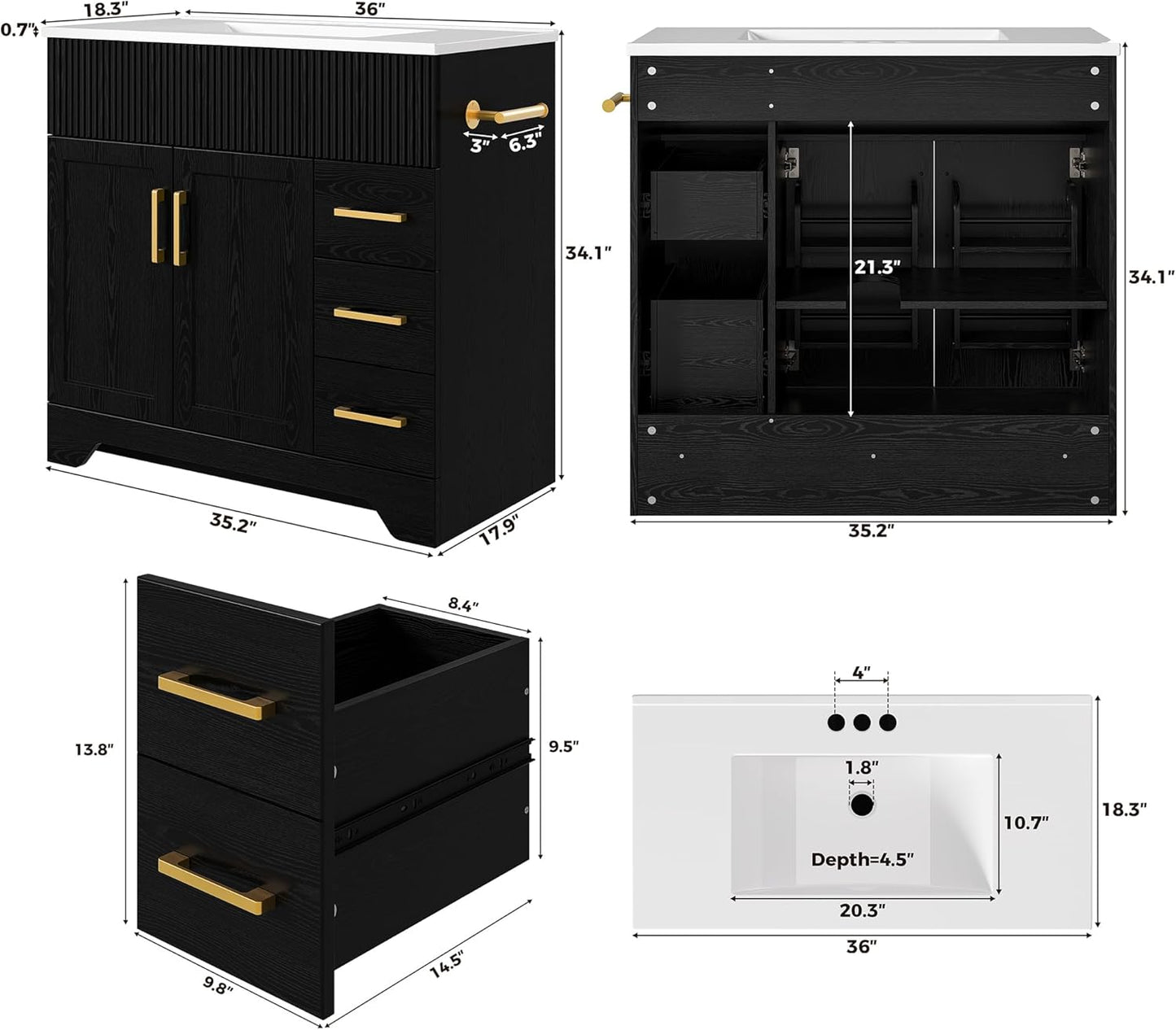 IRONCK 36" Bathroom Vanity with Sink, Freestanding Bathroom Vanity with Undermount Ceramic Sink, 2 Drawers & 2 Soft-Close Doors with Bottle Racks, Modern Wave-Pattern Fluted Design, Black