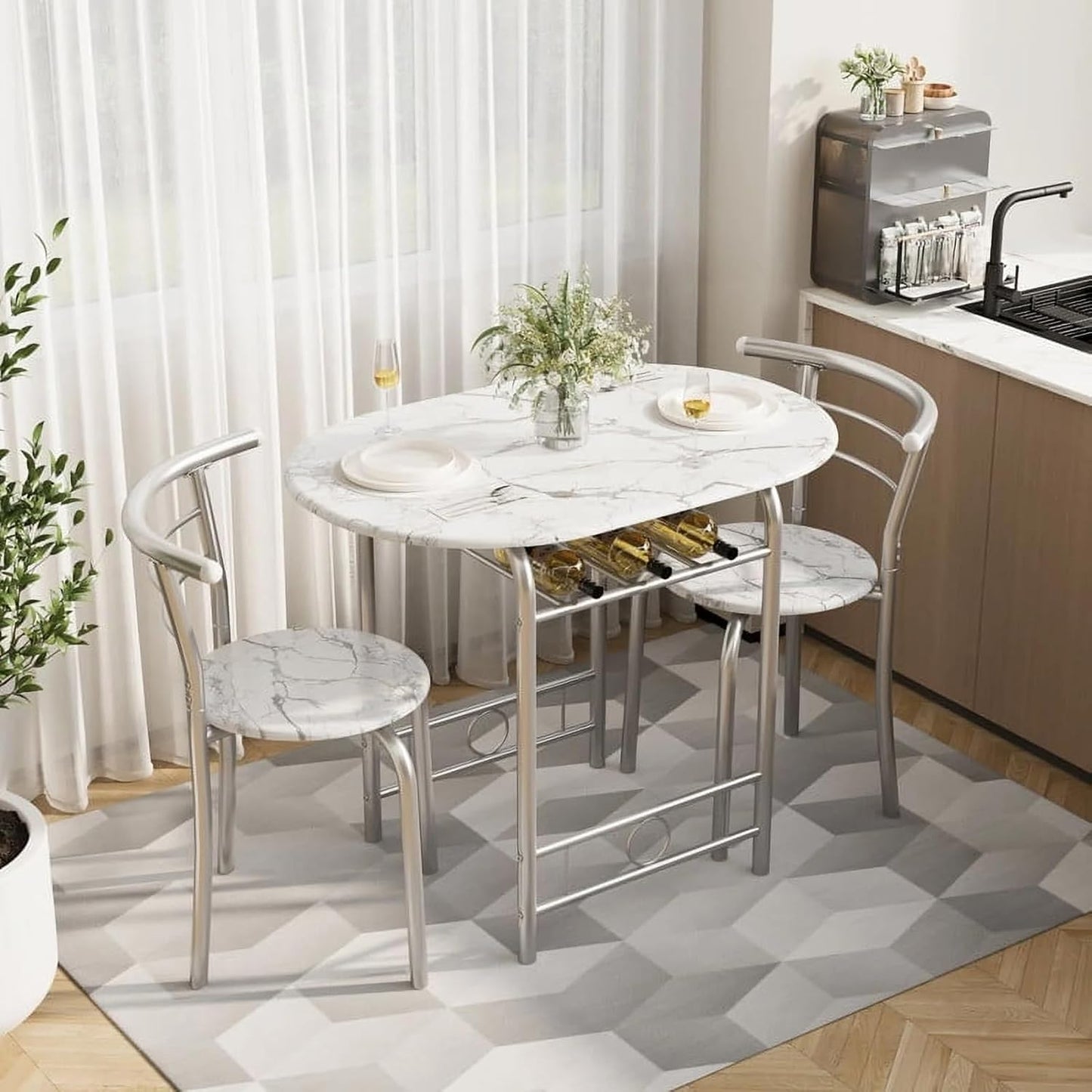 Shahoo 3-Piece Wooden Dining Table Set, Kitchen Breakfast Nook Sets with 2 Chairs & Round Tabletop, Space Saving Furniture Metal Frame and Built-in Wine Rack, Black