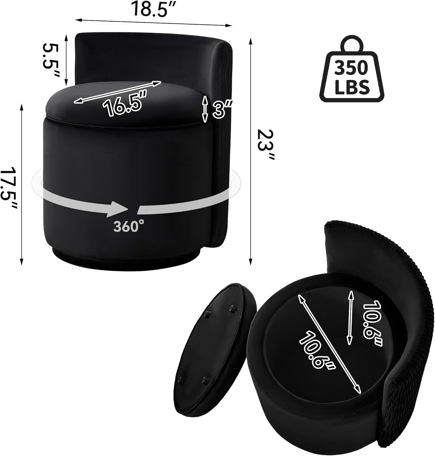 Velvet Vanity Chair with Storage, 360° Swivel Makeup Chair with Wave Back, No Assembly Small Accent Stool for Bedroom, Dressing, Living Room, Black