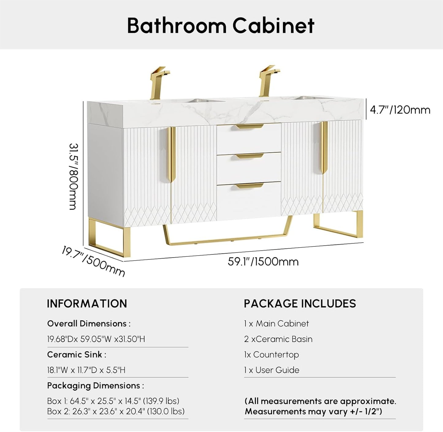 59" White Double Sink Freestanding Bathroom Vanity Modern Bathroom Vanity with Sink & Drawers & Doors Faux Marble Top