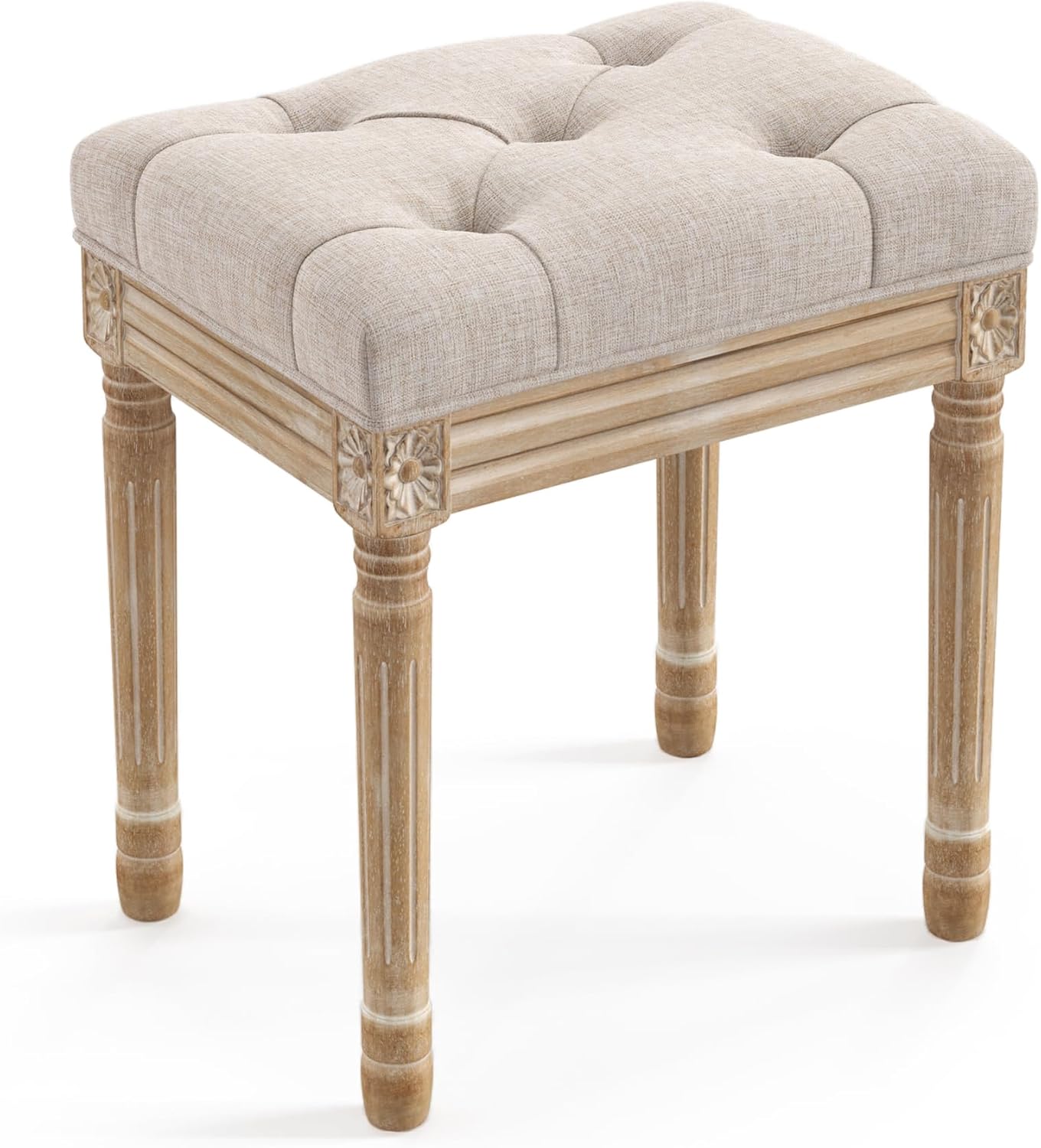 LUE BONA Upholstered Fabric Vanity Bench Seat, Makeup Stools for Vanity, Square Tufted Ottoman Bench with Carved Dark Brown Legs for Bedroom Living Room, Linen Color