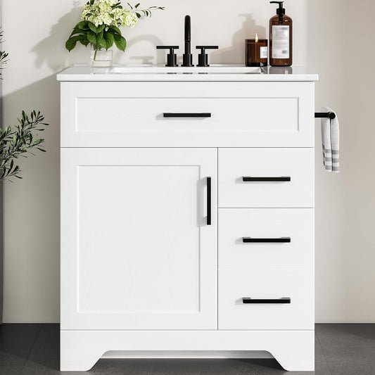 IRONCK 30" Bathroom Vanity with Sink, Freestanding Bathroom Storage Cabinet with 2 Drawers, 1 Tip-Out Drawer and 1 Soft-Close Door, Undermount Rectangular Ceramic Sink, Assembly Required, White