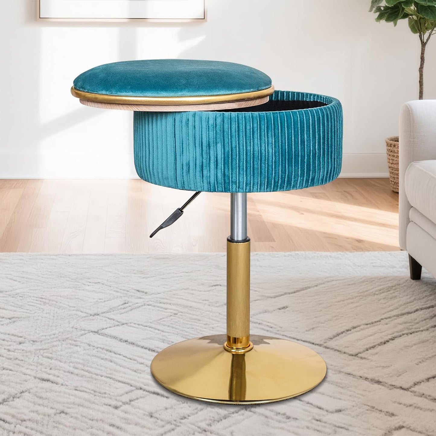 Velvet Vanity Stool for Makeup Room, Round Storage Ottoman Height Adjustable Gold Vanity Chair, 360° Swivel Footrest for Living Room Bedroom, Dark Green