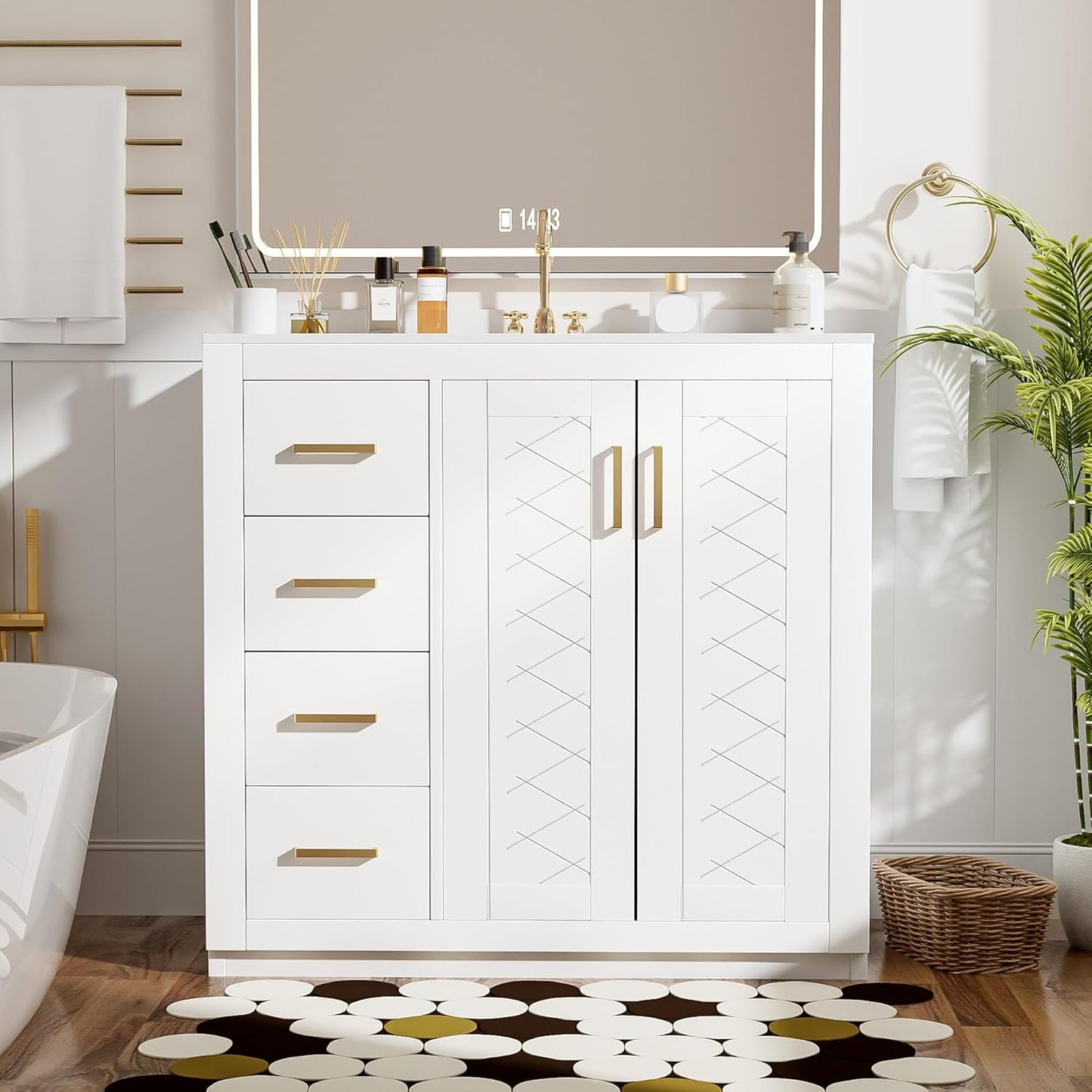 30 Inch Bathroom Vanity with Ceramic Sink, Modern Storage Cabinet with 3 Drawers and 2 Doors, Freestanding Bathroom Vanities, Soft Closing, Solid Wood Frame