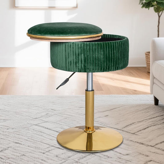 Velvet Vanity Stool for Makeup Room, Round Storage Ottoman Height Adjustable Gold Vanity Chair, 360° Swivel Footrest for Living Room Bedroom, Dark Green