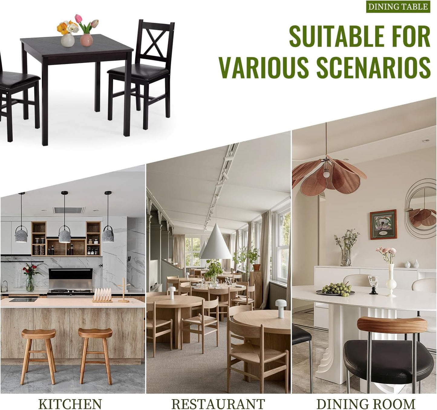 FDW | 3-Piece Solid Wood Dining Table | Dark Brown | Pine Kitchen Table with Upholstered Chairs | Space-Saving Design | Smooth Easy-to-Clean Surface | for Dining Room, Apartment, Restaurant