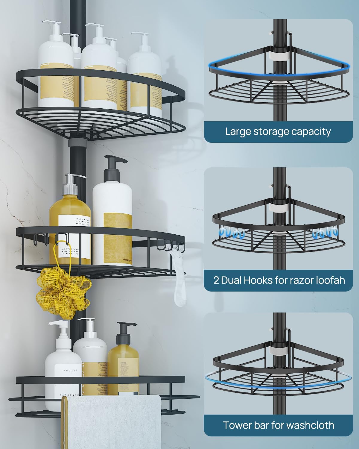 SEIRIONE Corner Shower Caddy Tension Pole, Rustproof Bathroom Shower Organizer Corner, 4-Tier Adjustable Bathroom Shelf, Solid Rack Ideal for Bathtub Storage, 34 to 116 Inch Height, Black