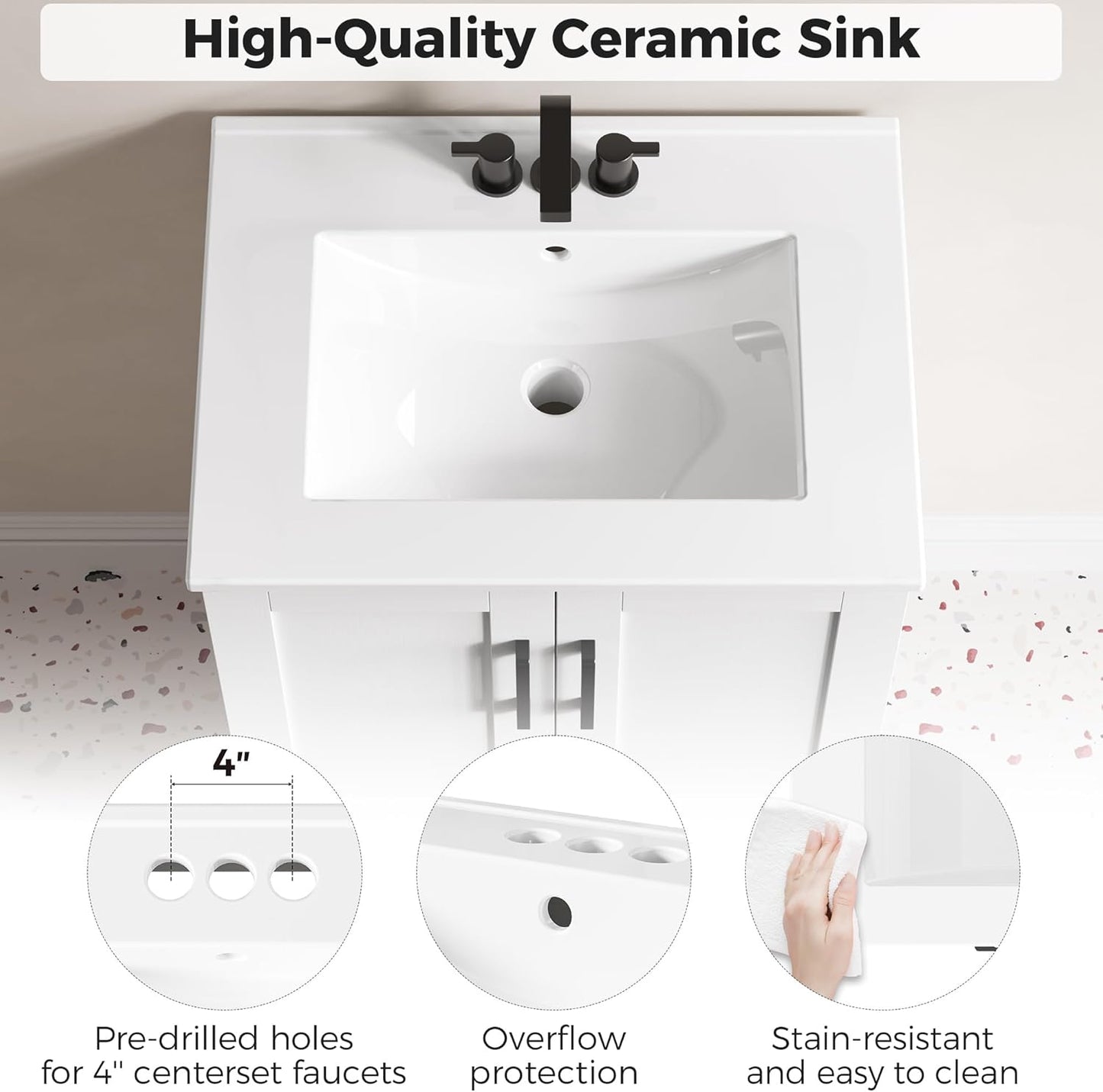 IRONCK 24" Bathroom Vanity with Sink, Freestanding Bathroom Cabinet Vanity with Soft-Close Doors & Storage Drawer, Modern Design for Small Bathrooms, Undermount Ceramic Sink, Easy Assembly, White