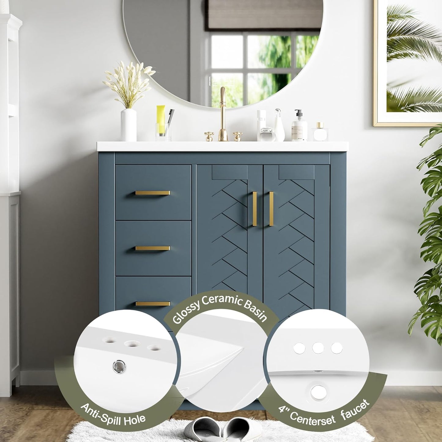30 Inch Bathroom Vanity with Ceramic Sink, Modern Storage Cabinet with 3 Drawers and 2 Doors, Freestanding Bathroom Vanities, Soft Closing, Solid Wood Frame