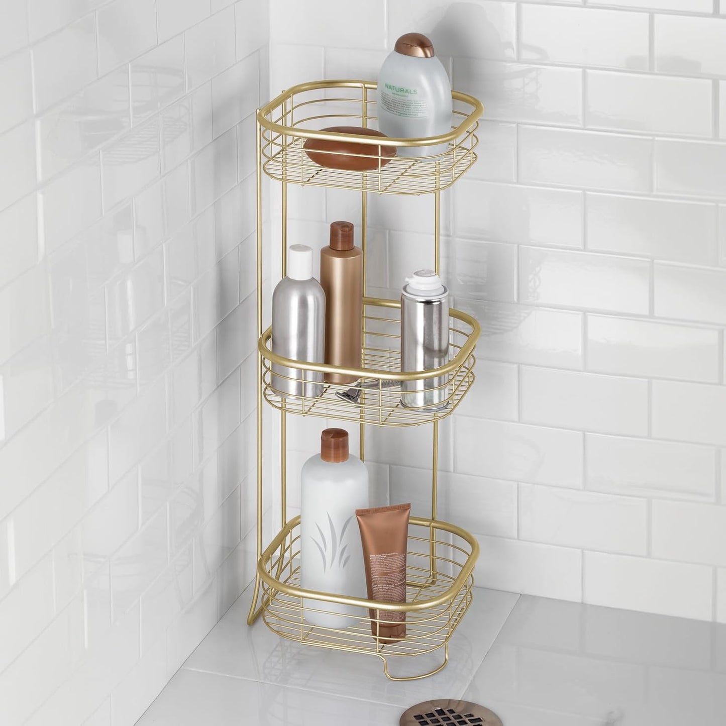 iDesign 3-Tier Bathroom Freestanding Square Shower Caddy Organizer - Gold