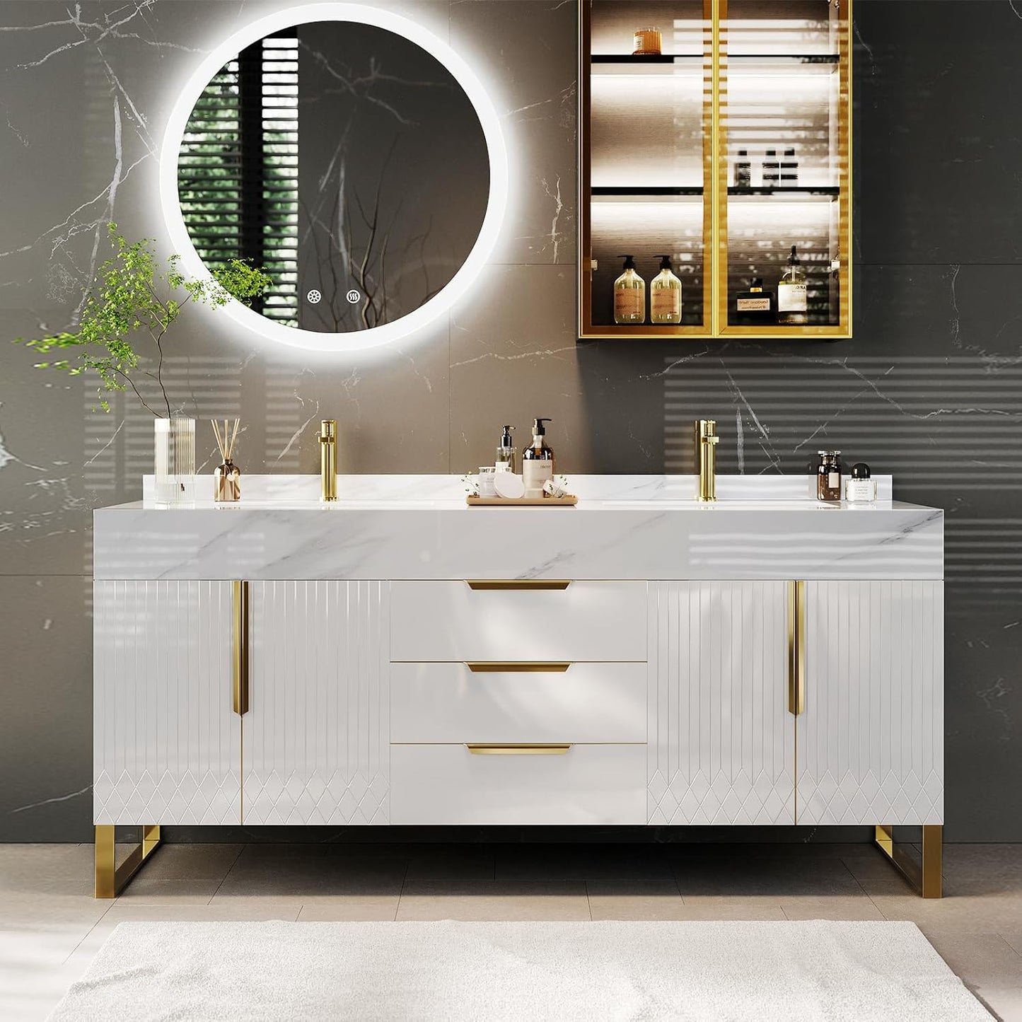 59" White Double Sink Freestanding Bathroom Vanity Modern Bathroom Vanity with Sink & Drawers & Doors Faux Marble Top