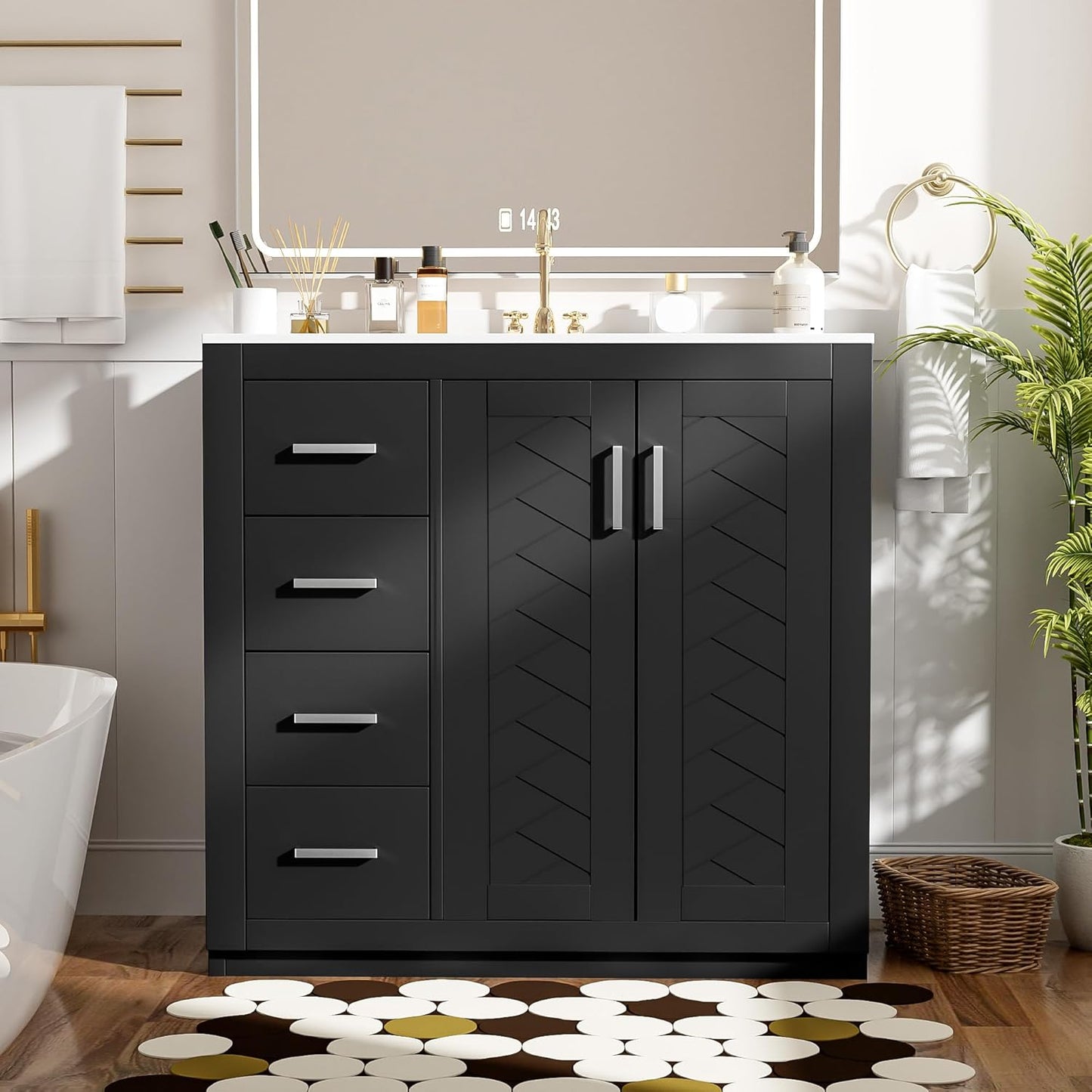 30 Inch Bathroom Vanity with Ceramic Sink, Modern Storage Cabinet with 3 Drawers and 2 Doors, Freestanding Bathroom Vanities, Soft Closing, Solid Wood Frame