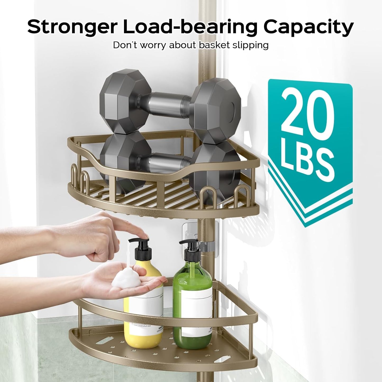 HAMITOR Corner Shower Caddy Tension Pole: Rustproof 4-Tier Bathroom Organizer Shelves for Bathtub Shampoo Storage - 47-121 Inch Quick Install Adjustable Rod Standing Rack with Soap Rack - Matte Gold