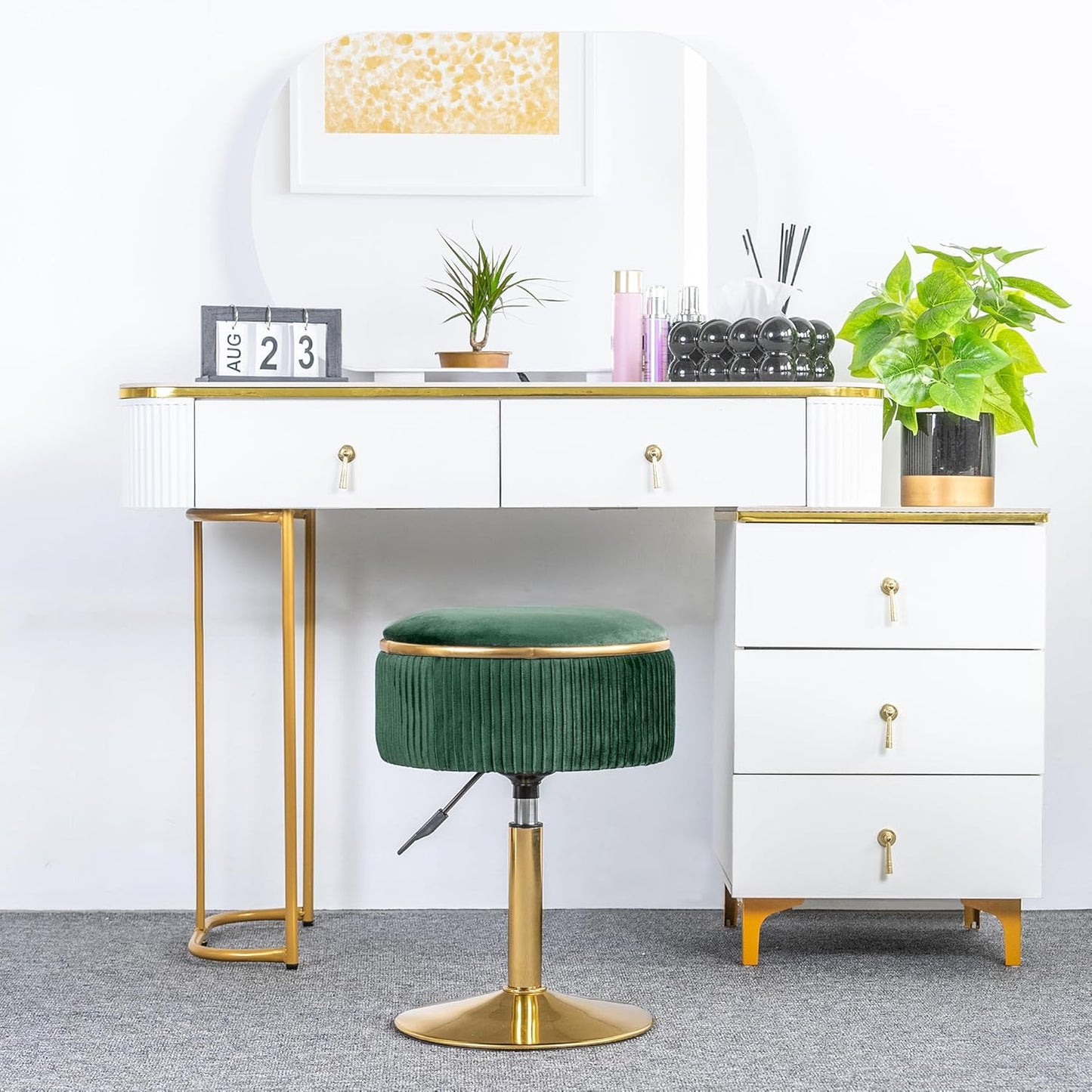 Velvet Vanity Stool for Makeup Room, Round Storage Ottoman Height Adjustable Gold Vanity Chair, 360° Swivel Footrest for Living Room Bedroom, Dark Green