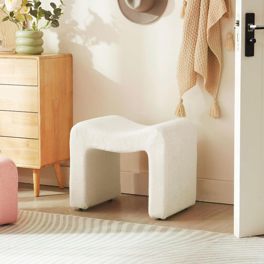Small Footstool Ottoman Vanity Stool Chair Seating Backless Modern Foot Rest Teddy Velvet Ottoman for Makeup Room Living Room Bedroom Entryway,White (Single 1)