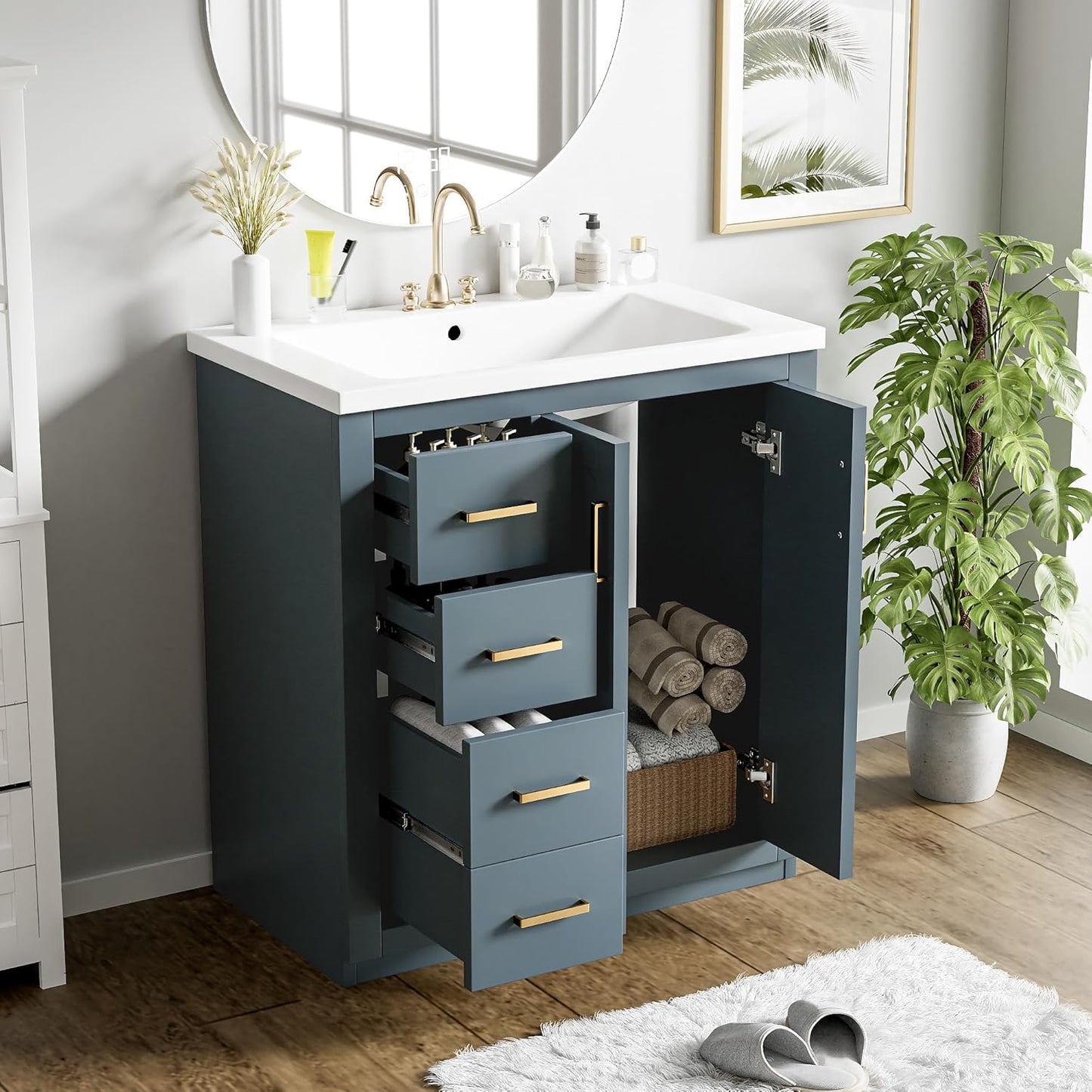 30 Inch Bathroom Vanity with Ceramic Sink, Modern Storage Cabinet with 3 Drawers and 2 Doors, Freestanding Bathroom Vanities, Soft Closing, Solid Wood Frame
