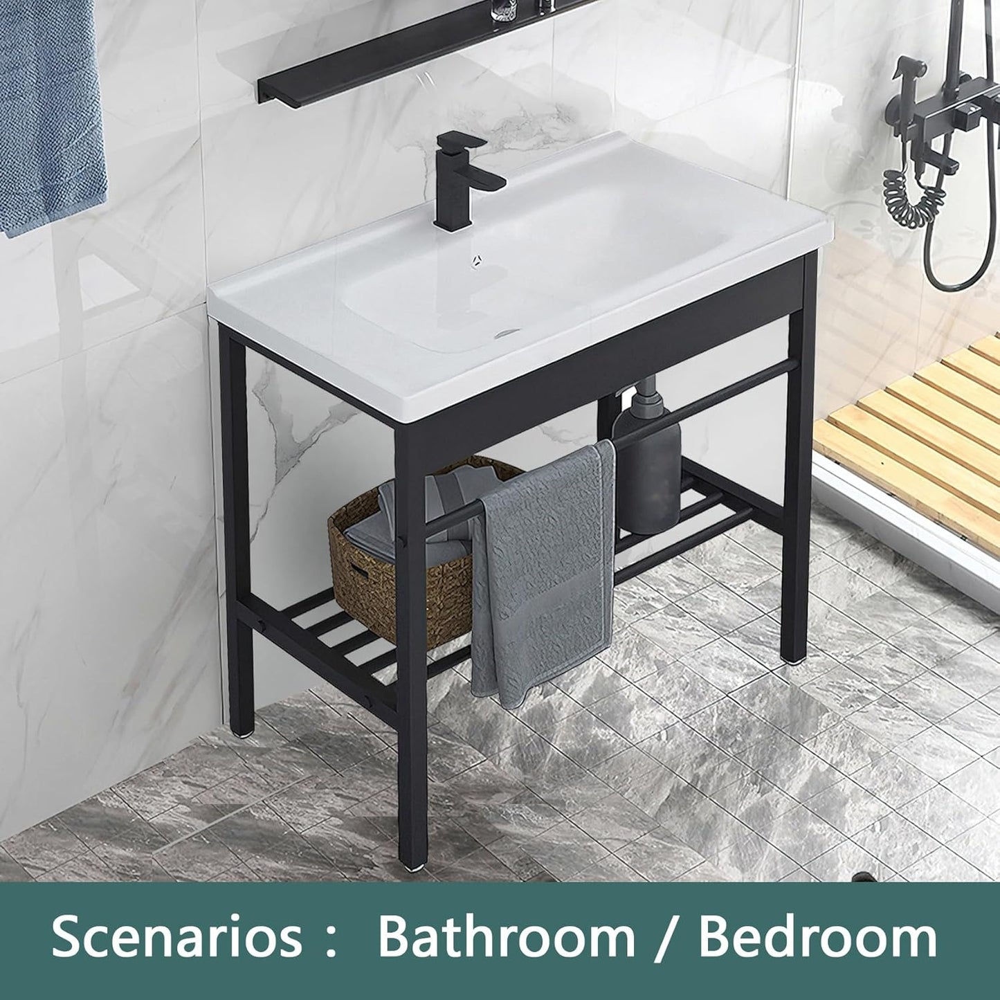 Freestanding Bathroom Console Sink, Bathroom Vanity with Sink, 28.3" x 19" x 32.3" Ceramic Console Sink Set With Bracket, Utility Sink for Laundry Room, Washing Room, Garage, Basement, Outdoor, Indoor