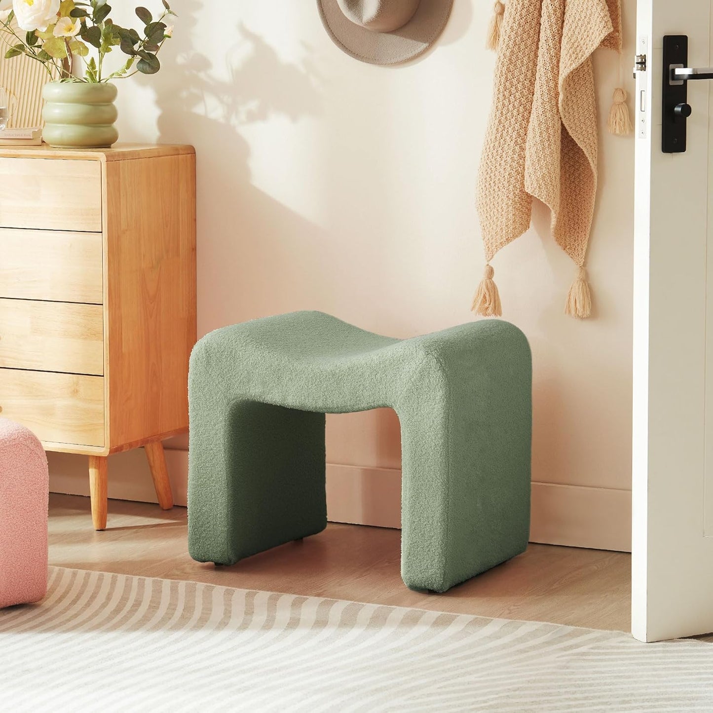 Small Footstool Ottoman Vanity Stool Chair Seating Backless Modern Foot Rest Teddy Velvet Ottoman for Makeup Room Living Room Bedroom Entryway,White (Single 1)