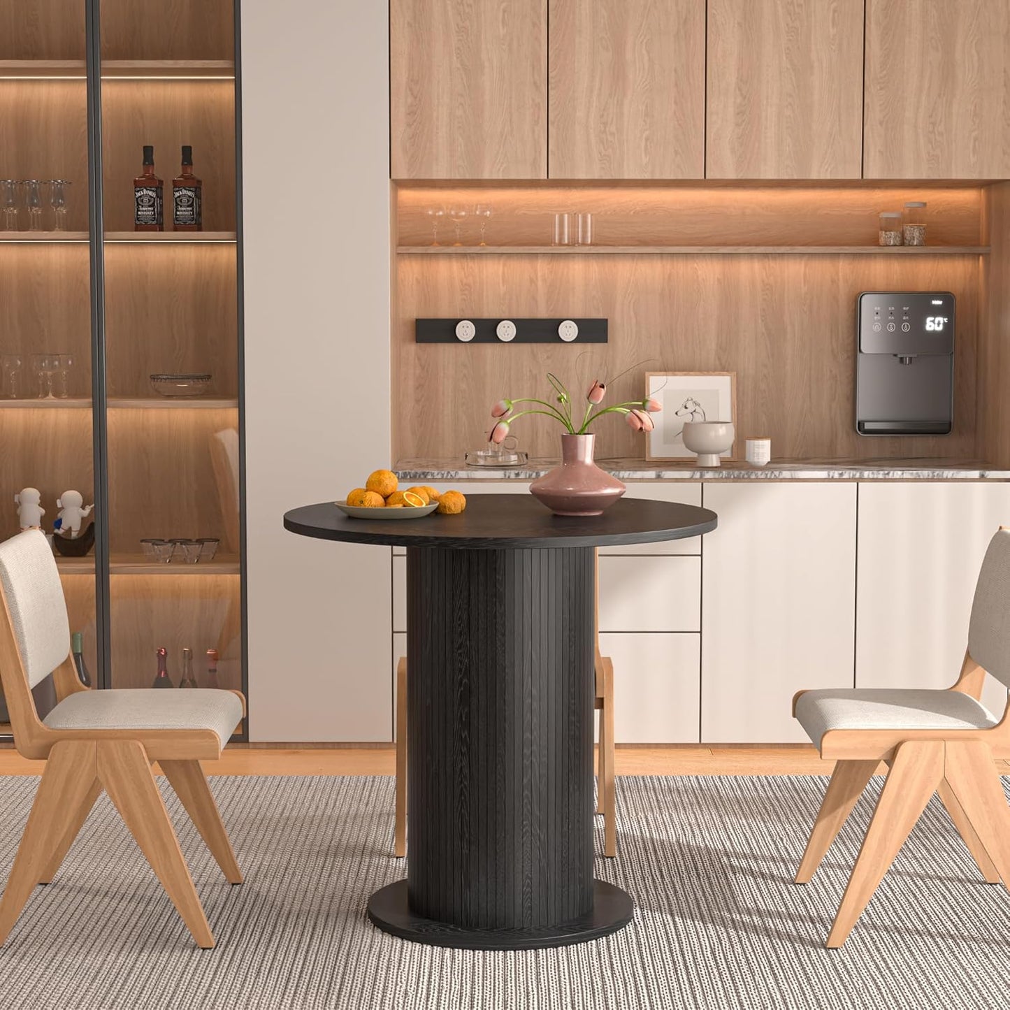 31.5 inch Round Dining Table for 2, Modern Farmhouse Kitchen Table, Small Circle Dining Tables with Wood Strip Base for Kitchen Living Room (Walnut)