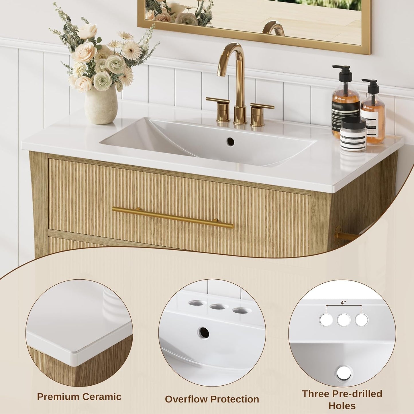 IRONCK 36" Bathroom Vanity with Sink, Freestanding Bathroom Sink Cabinet with 4 Drawers & 1 Flip-Down Drawer, Wood Grain Texture, Metal Handle, Farmhouse