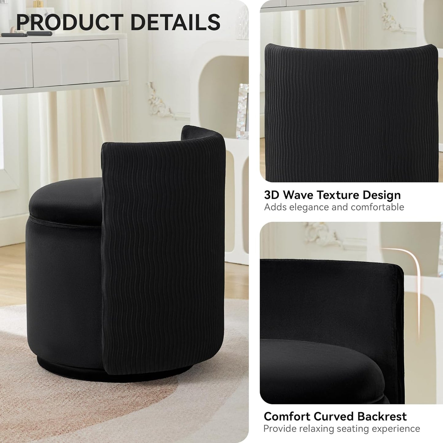 Velvet Vanity Chair with Storage, 360° Swivel Makeup Chair with Wave Back, No Assembly Small Accent Stool for Bedroom, Dressing, Living Room, Black