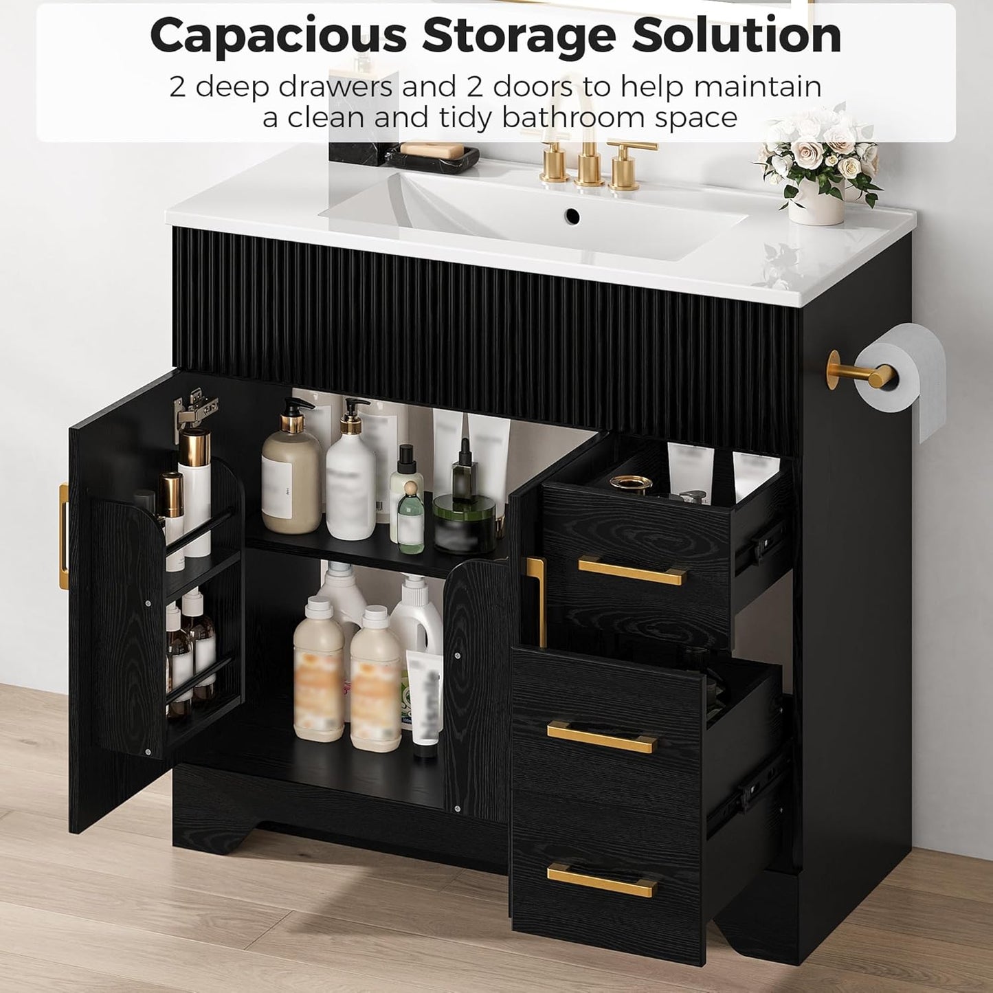 IRONCK 36" Bathroom Vanity with Sink, Freestanding Bathroom Vanity with Undermount Ceramic Sink, 2 Drawers & 2 Soft-Close Doors with Bottle Racks, Modern Wave-Pattern Fluted Design, Black