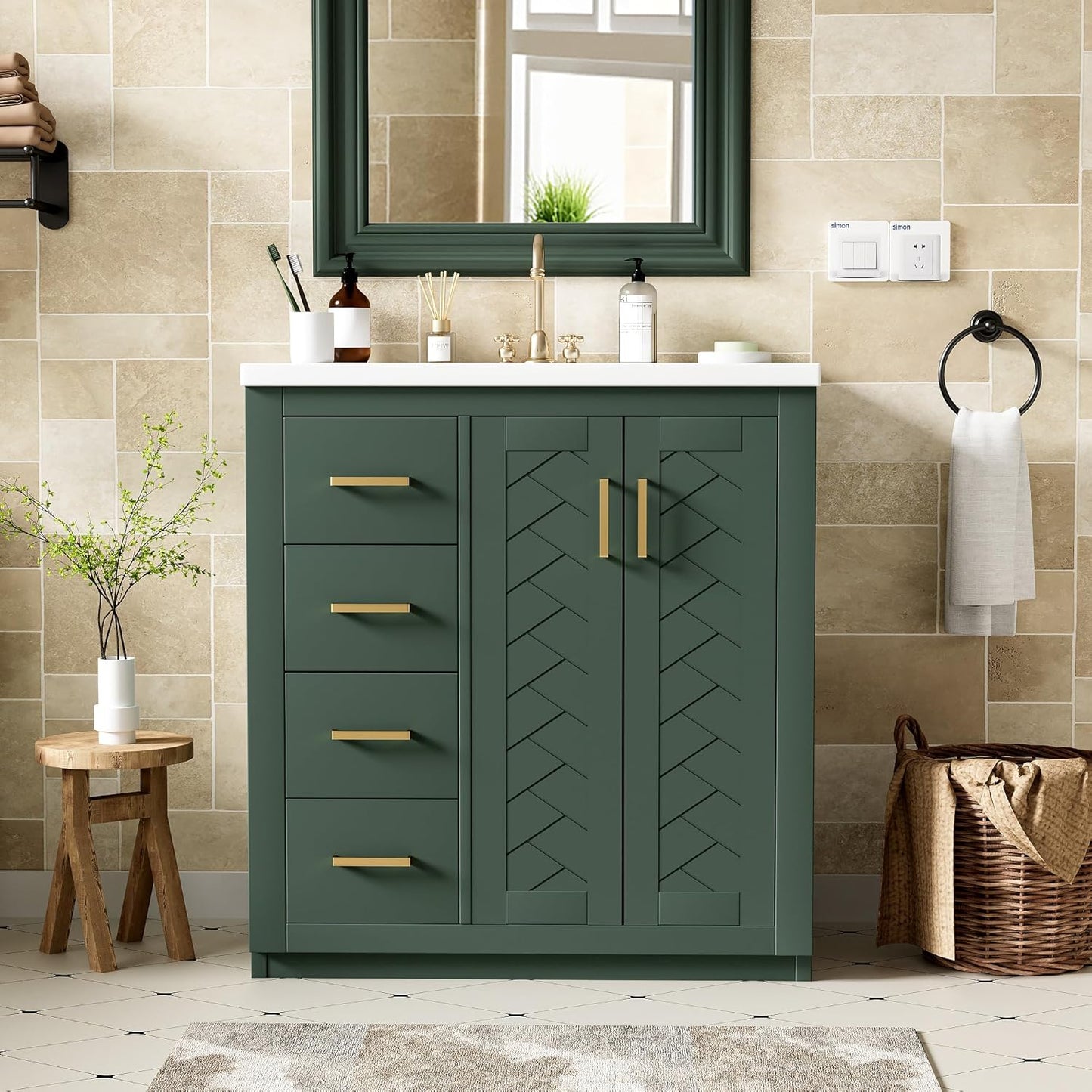 30 Inch Bathroom Vanity with Ceramic Sink, Modern Storage Cabinet with 3 Drawers and 2 Doors, Freestanding Bathroom Vanities, Soft Closing, Solid Wood Frame