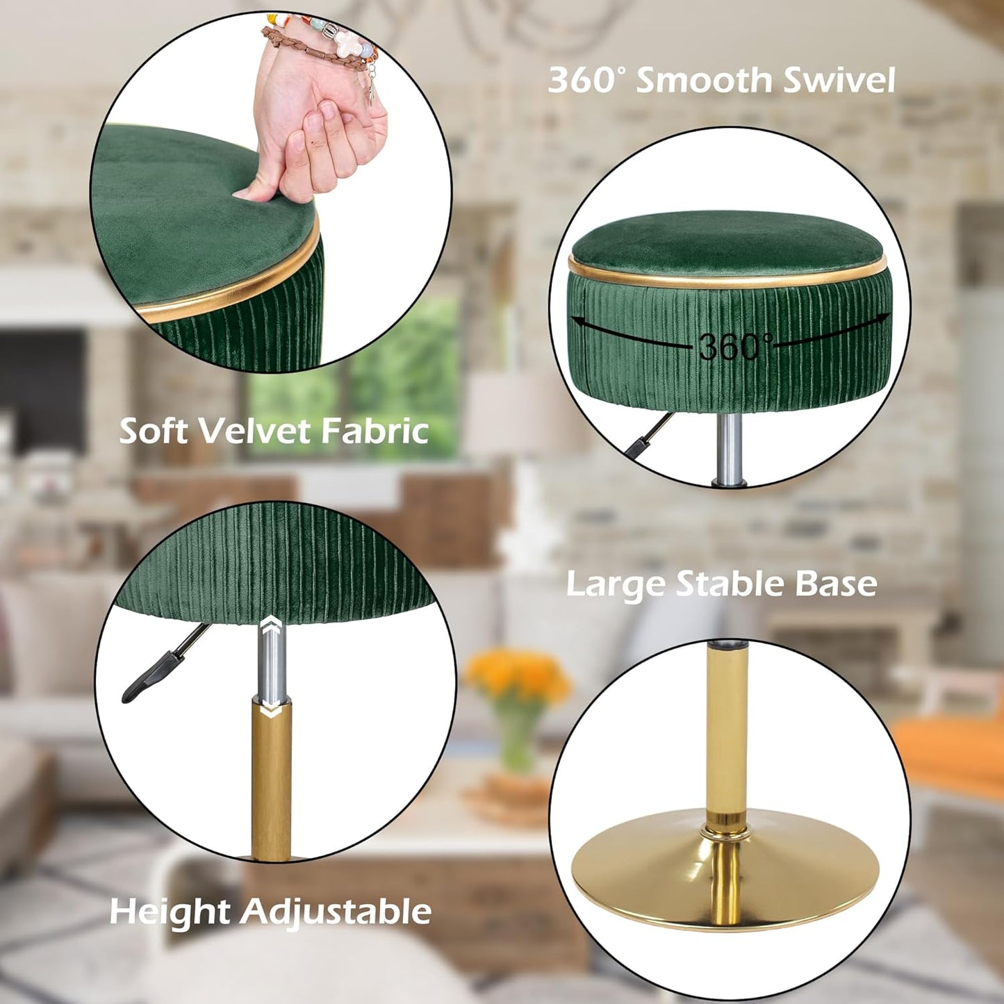 Velvet Vanity Stool for Makeup Room, Round Storage Ottoman Height Adjustable Gold Vanity Chair, 360° Swivel Footrest for Living Room Bedroom, Dark Green