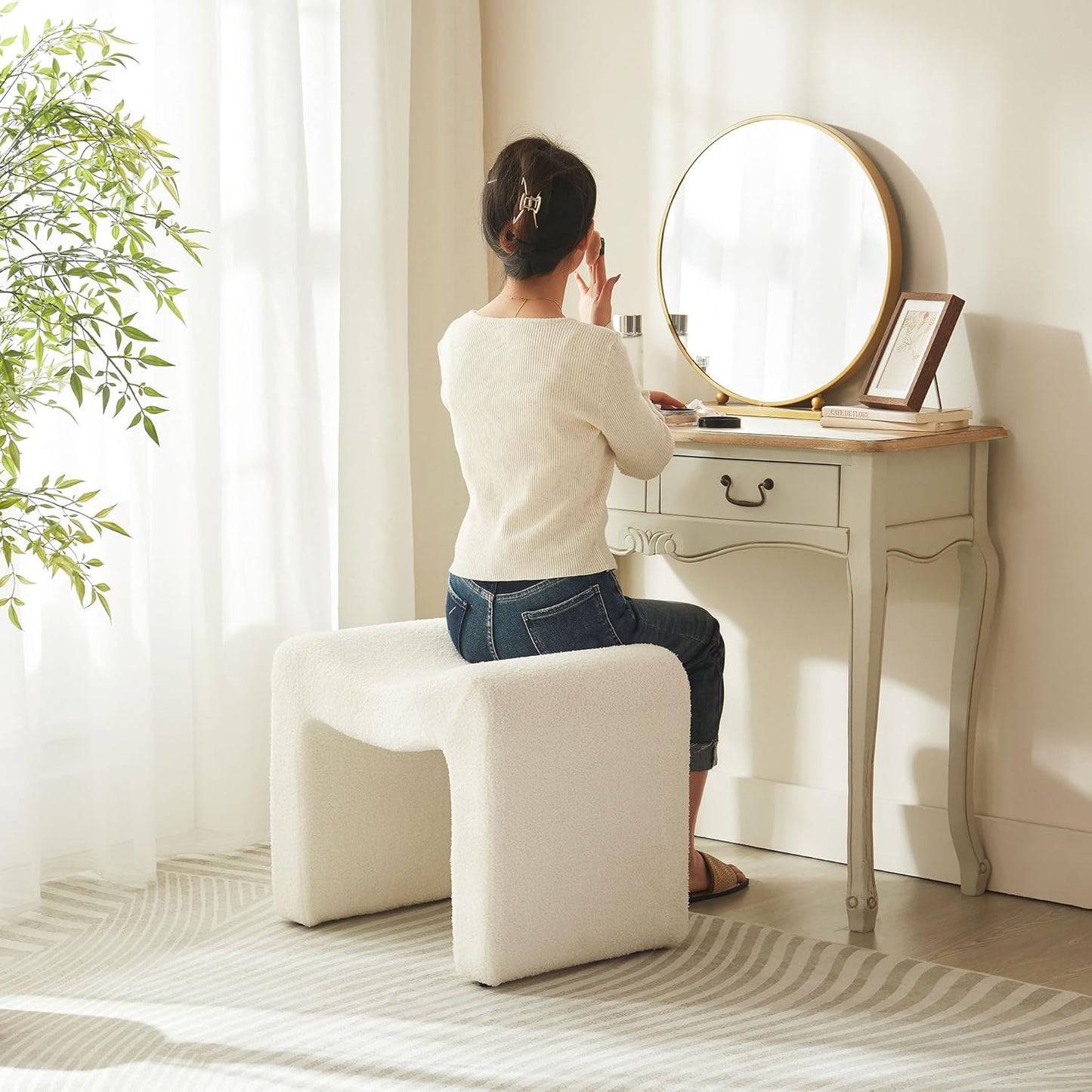 Small Footstool Ottoman Vanity Stool Chair Seating Backless Modern Foot Rest Teddy Velvet Ottoman for Makeup Room Living Room Bedroom Entryway,White (Single 1)