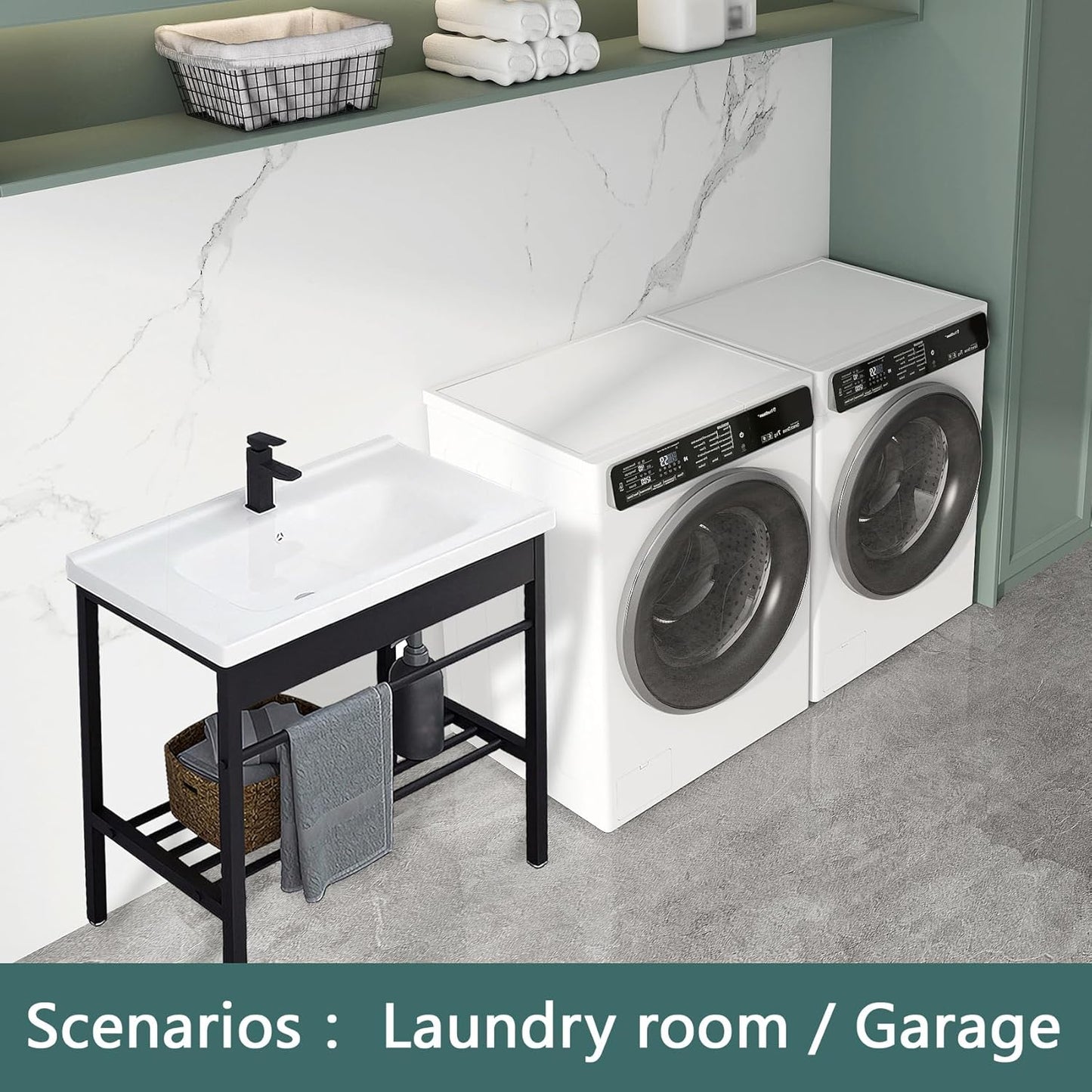 Freestanding Bathroom Console Sink, Bathroom Vanity with Sink, 28.3" x 19" x 32.3" Ceramic Console Sink Set With Bracket, Utility Sink for Laundry Room, Washing Room, Garage, Basement, Outdoor, Indoor