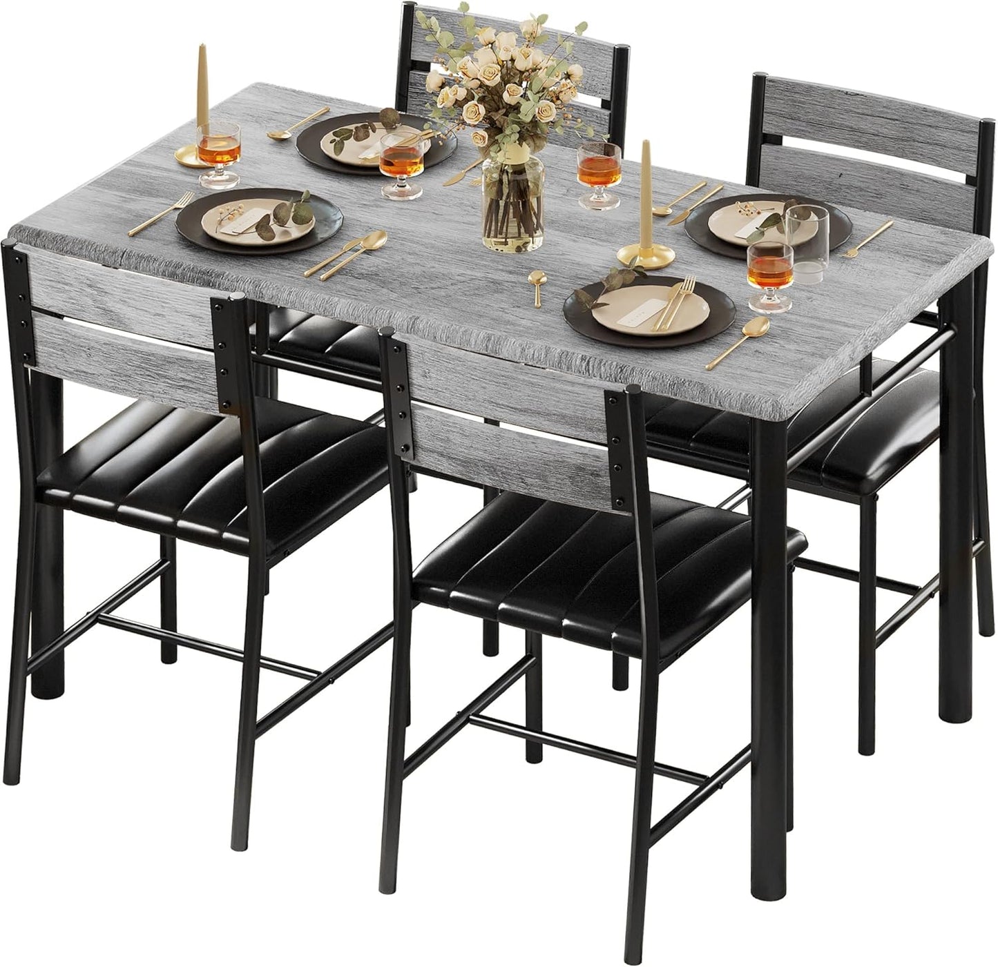IRONCK Dining Table Set for 4, Wood Kitchen Table with Upholstered Chairs for Kitchen Room and Small Spaces, Rustic Brown