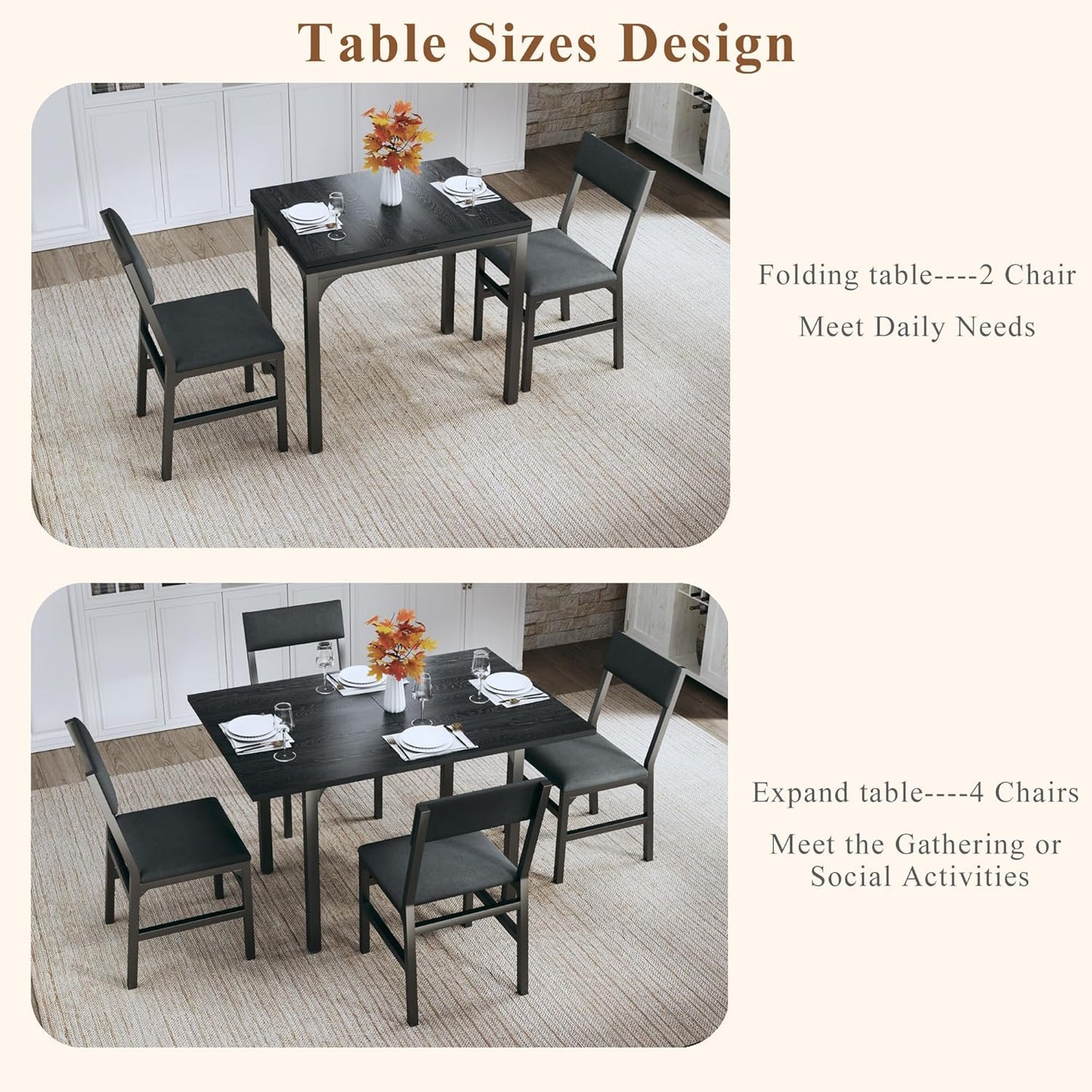 Dining Table Set for 4, Extendable Kitchen Table Cushion Chairs Set of 4, Rectangle Dining Table with Metal Frame & MDF Board, Folding for Small Apartment Saving Space, Black