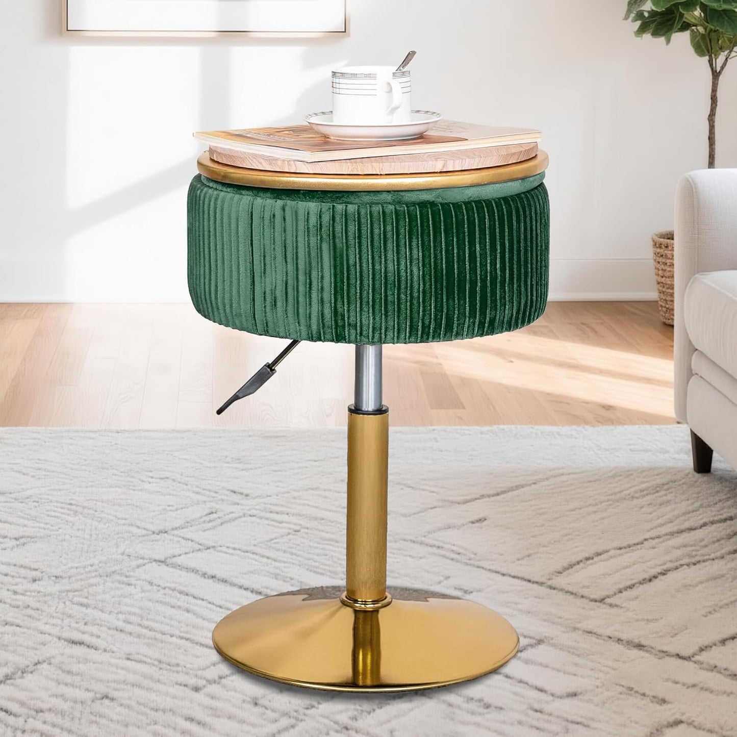 Velvet Vanity Stool for Makeup Room, Round Storage Ottoman Height Adjustable Gold Vanity Chair, 360° Swivel Footrest for Living Room Bedroom, Dark Green