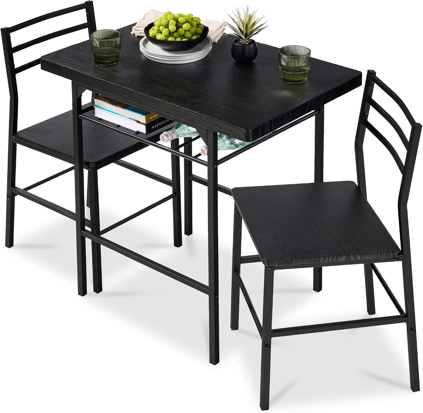 Best Choice Products 3-Piece Modern Dining Set, Space Saving Dinette for Kitchen, Dining Room, Small Space w/Steel Frame, Built-in Storage Rack - Medium Brown/Black