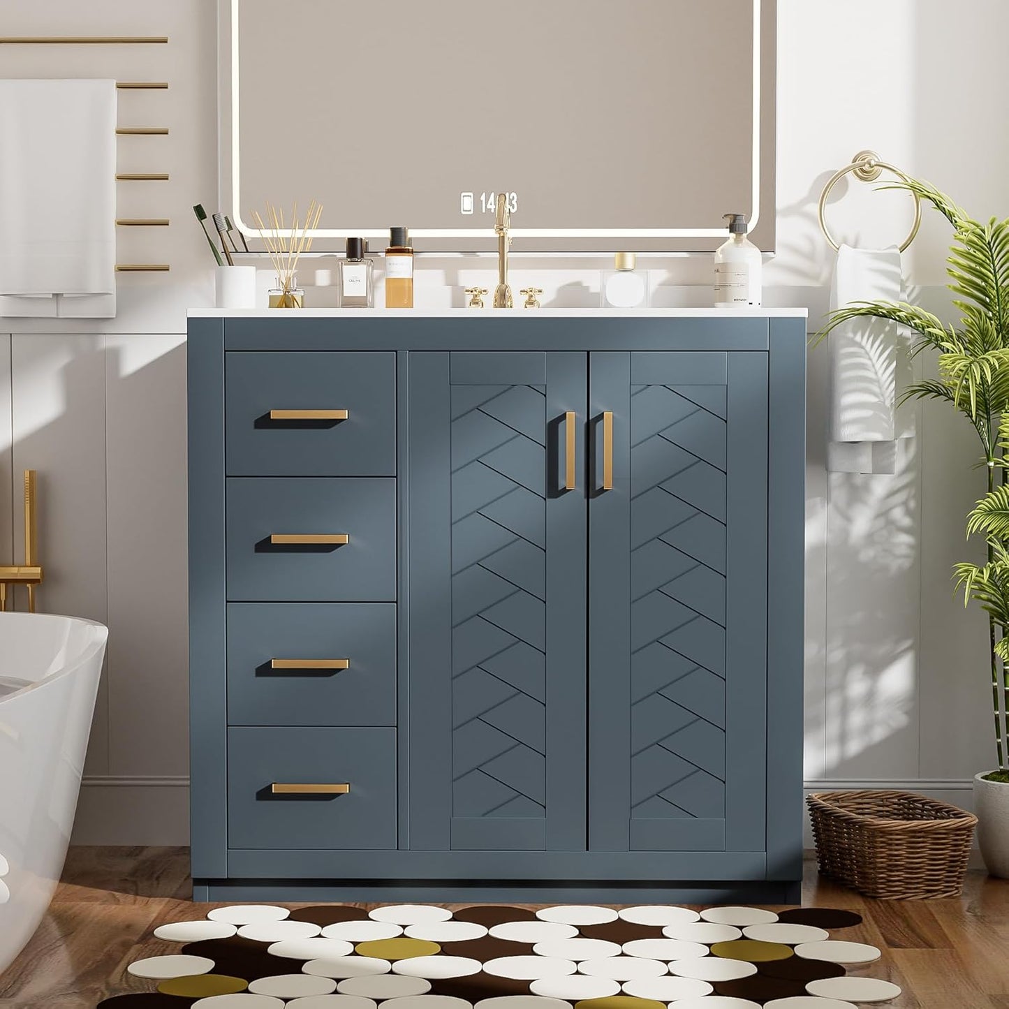 30 Inch Bathroom Vanity with Ceramic Sink, Modern Storage Cabinet with 3 Drawers and 2 Doors, Freestanding Bathroom Vanities, Soft Closing, Solid Wood Frame