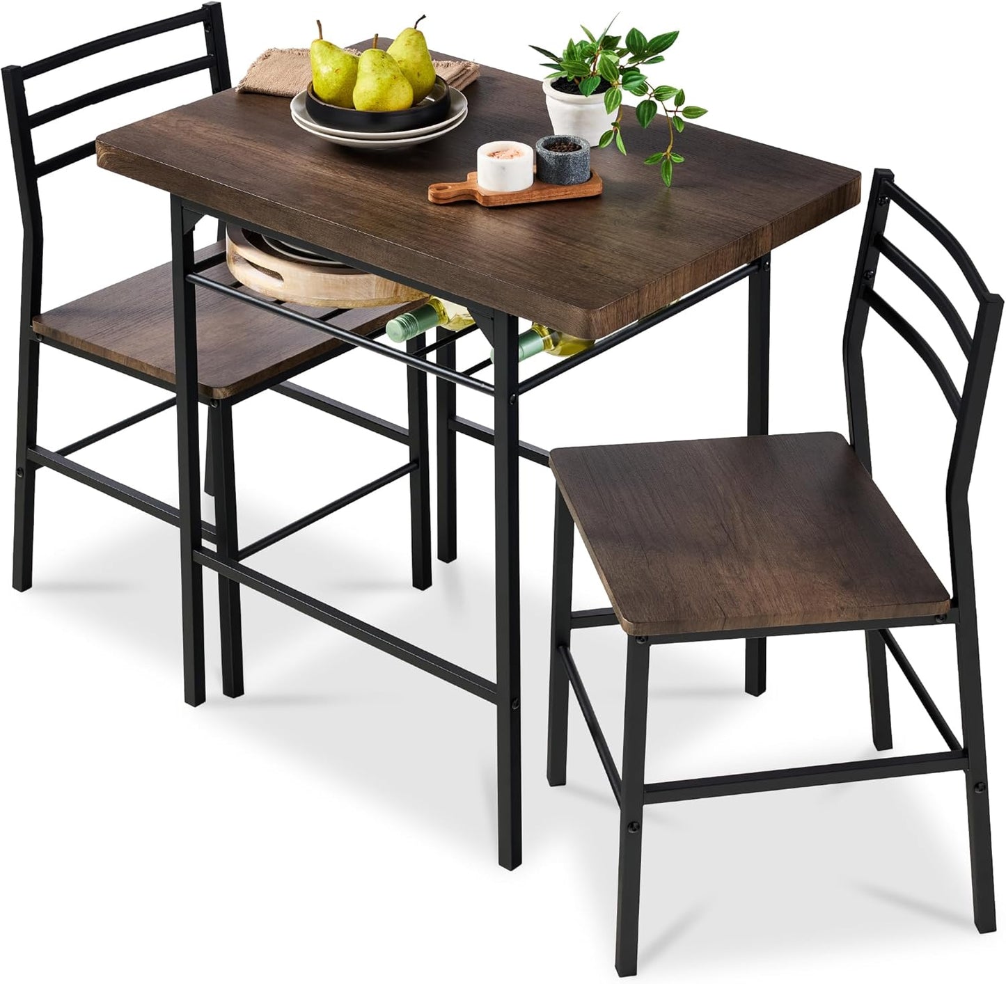 Best Choice Products 3-Piece Modern Dining Set, Space Saving Dinette for Kitchen, Dining Room, Small Space w/Steel Frame, Built-in Storage Rack - Medium Brown/Black