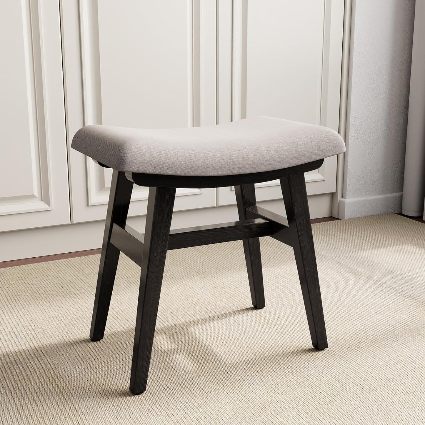 Solid Wood Small Vanity Stool, Compact Makeup Chair with Saddle Cushion, Linen-Covered High Rebound Sponge Seat, Easy Assembly Footstool for Bedroom, Entryway, Home, Walnut