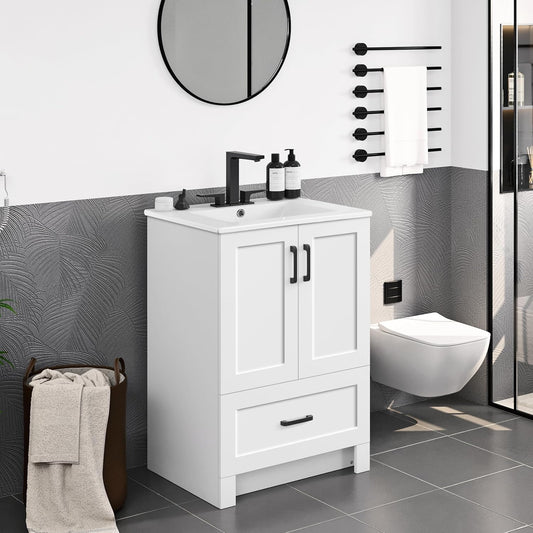Yaheetech 24.5" Modern Bathroom Vanity with Ceramic Basin, Undermount Vanity Sink Cabinet with 2 Doors and 1 Drawer, Free Standing Bathroom Storage Cabinet with Sink Combo Set, White