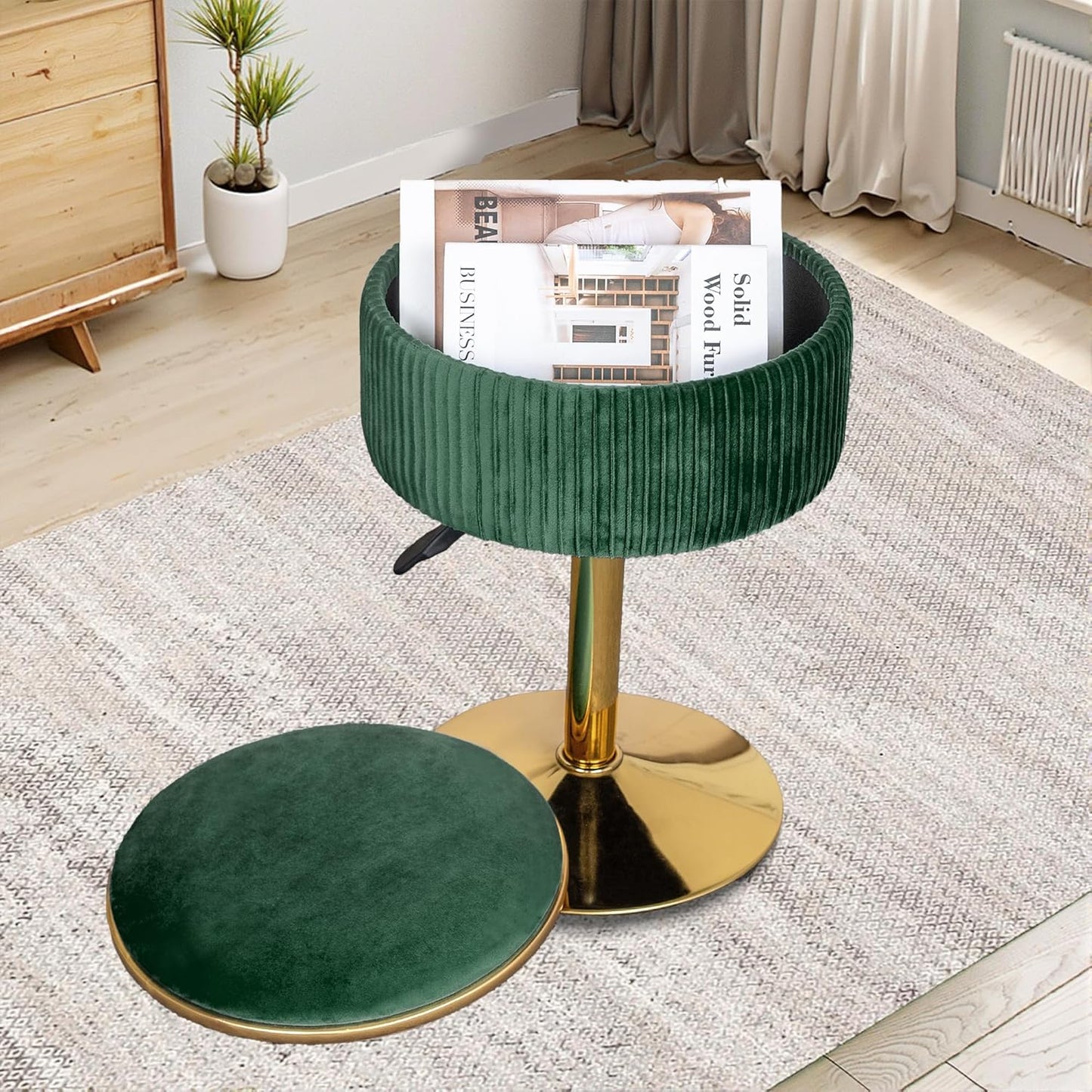 Velvet Vanity Stool for Makeup Room, Round Storage Ottoman Height Adjustable Gold Vanity Chair, 360° Swivel Footrest for Living Room Bedroom, Dark Green