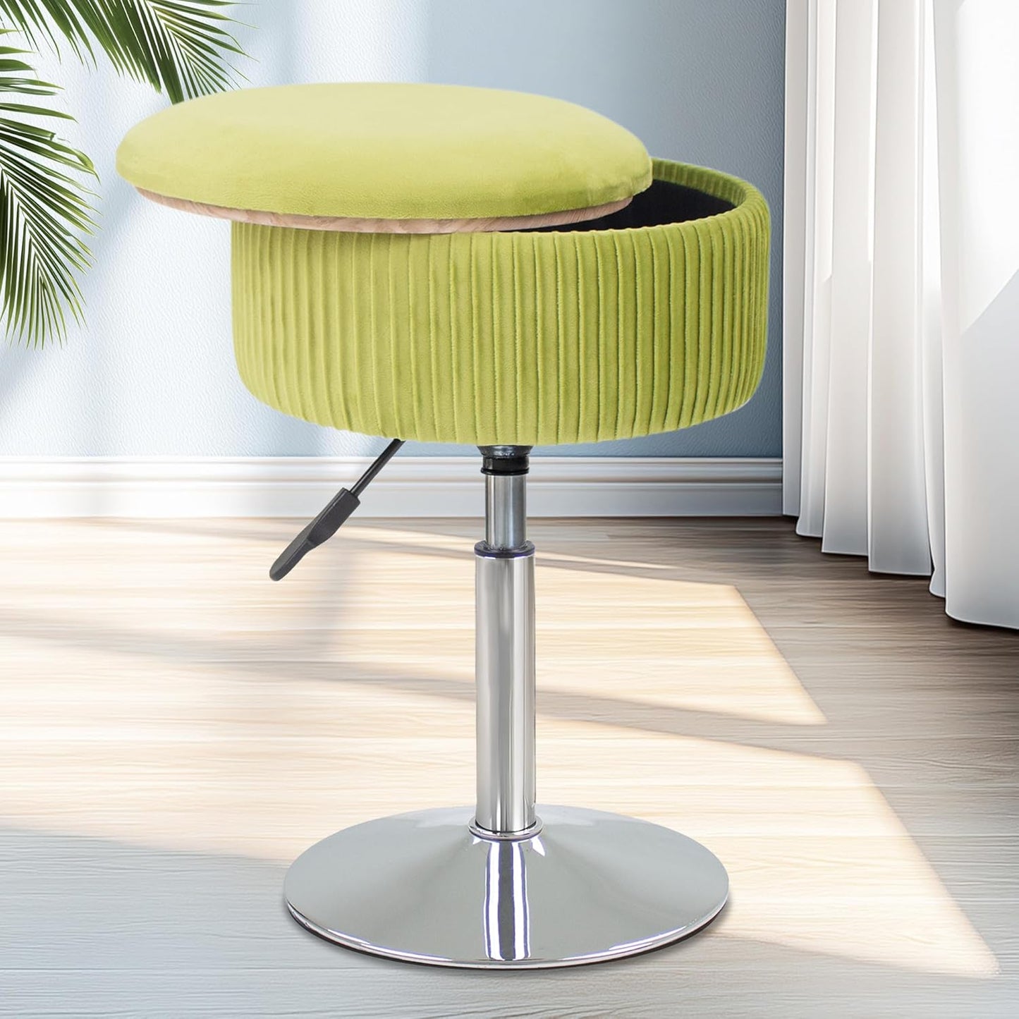 Velvet Vanity Stool for Makeup Room, Round Storage Ottoman Height Adjustable Gold Vanity Chair, 360° Swivel Footrest for Living Room Bedroom, Dark Green