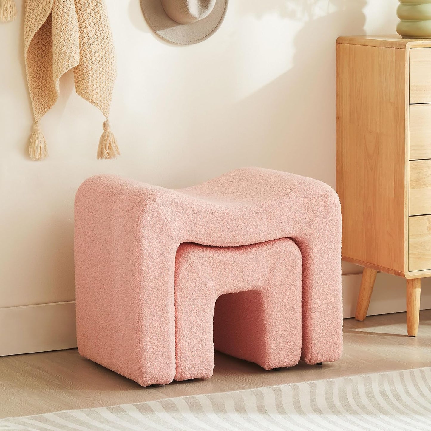 Small Footstool Ottoman Vanity Stool Chair Seating Backless Modern Foot Rest Teddy Velvet Ottoman for Makeup Room Living Room Bedroom Entryway,White (Single 1)