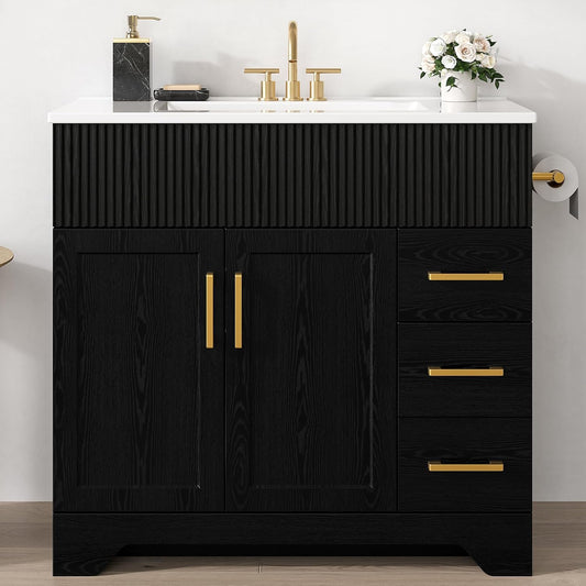 IRONCK 36" Bathroom Vanity with Sink, Freestanding Bathroom Vanity with Undermount Ceramic Sink, 2 Drawers & 2 Soft-Close Doors with Bottle Racks, Modern Wave-Pattern Fluted Design, Black