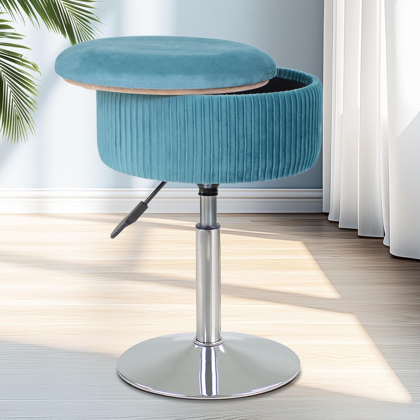 Velvet Vanity Stool for Makeup Room, Round Storage Ottoman Height Adjustable Gold Vanity Chair, 360° Swivel Footrest for Living Room Bedroom, Dark Green