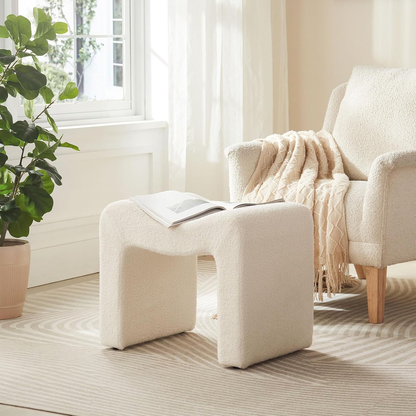 Small Footstool Ottoman Vanity Stool Chair Seating Backless Modern Foot Rest Teddy Velvet Ottoman for Makeup Room Living Room Bedroom Entryway,White (Single 1)